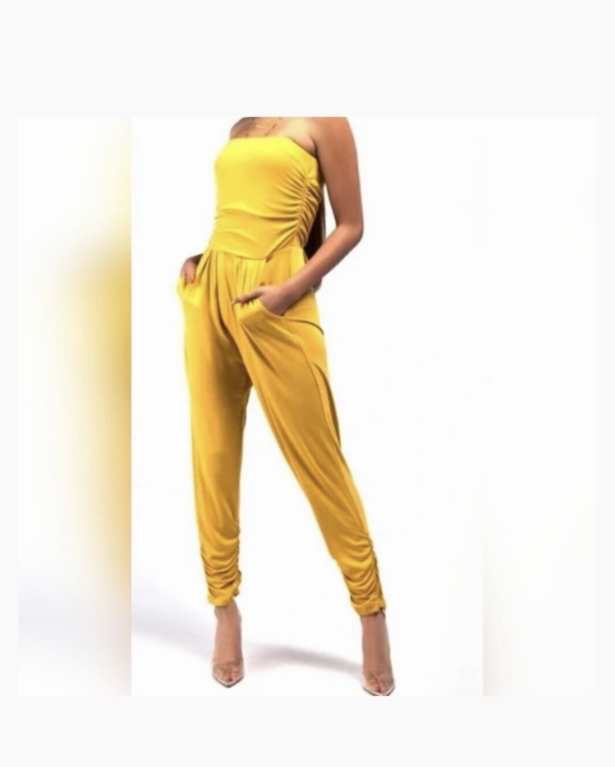 ADC Strapless Ruched Jumpsuit Women Large Purple Tapered Leg Jersey Pocket