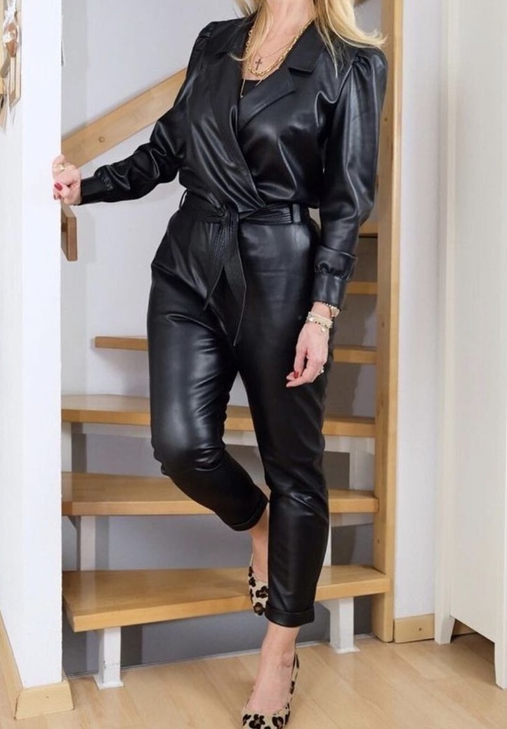 100% Romper Belted Women Genuine Leather Jumpsuit Black Stylish Leather Decent