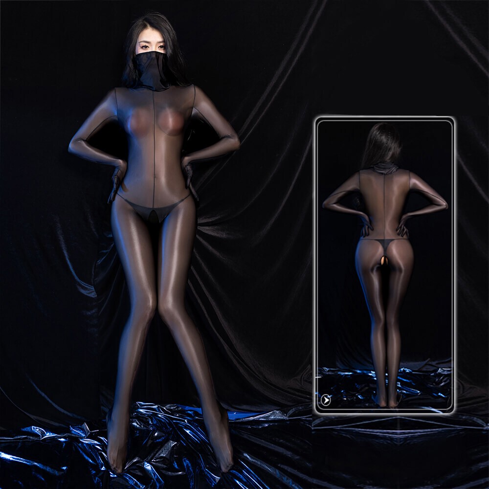 Women Ultra-thin Sheer Body Stockings Shiny Glossy Bodysuit Jumpsuit Mask Gloves