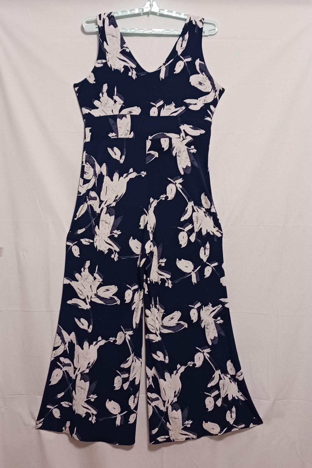 Clara Sun Woo Womens Palazzo Jumpsuit floral abstract dark blue white 1X USA