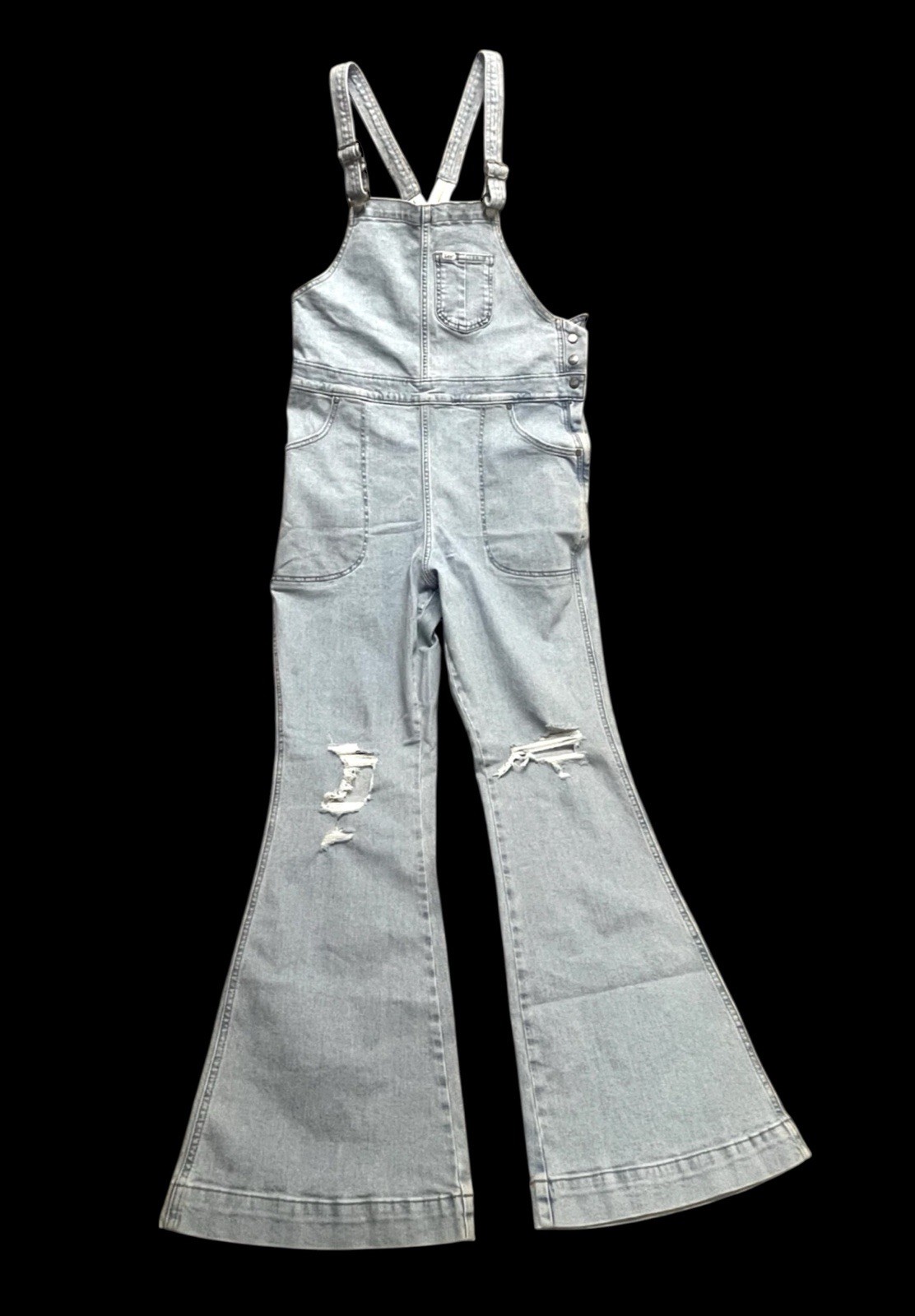 Lee Women’s Denim Overalls Distressed Flare Leg Light Wash Cotton Elastane LARGE