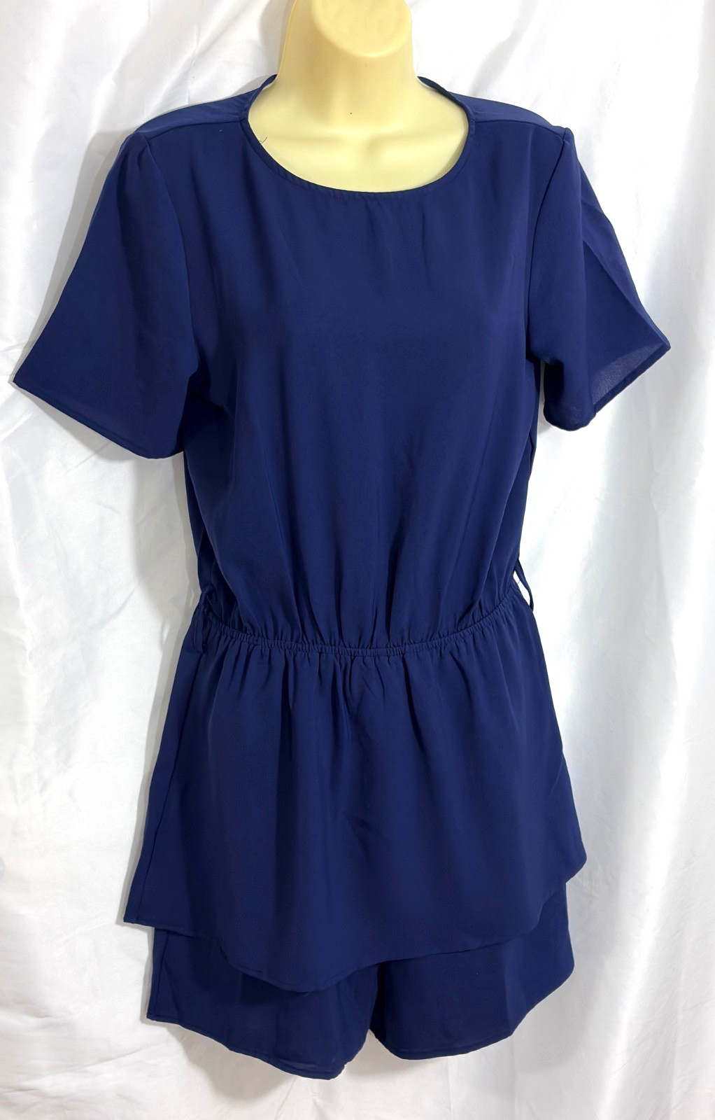 women’s romper size small navy overlay skirt round neck short sleeve polyester