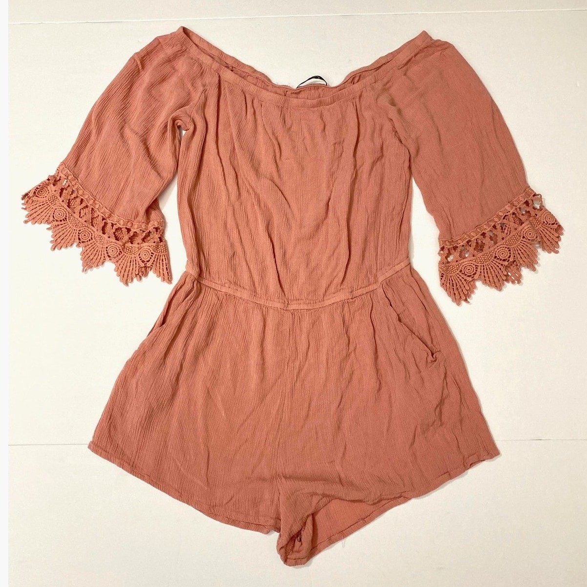 Bell Sleeve Romper with Lace Pink Rose Blush Festival Size Small Lightweight