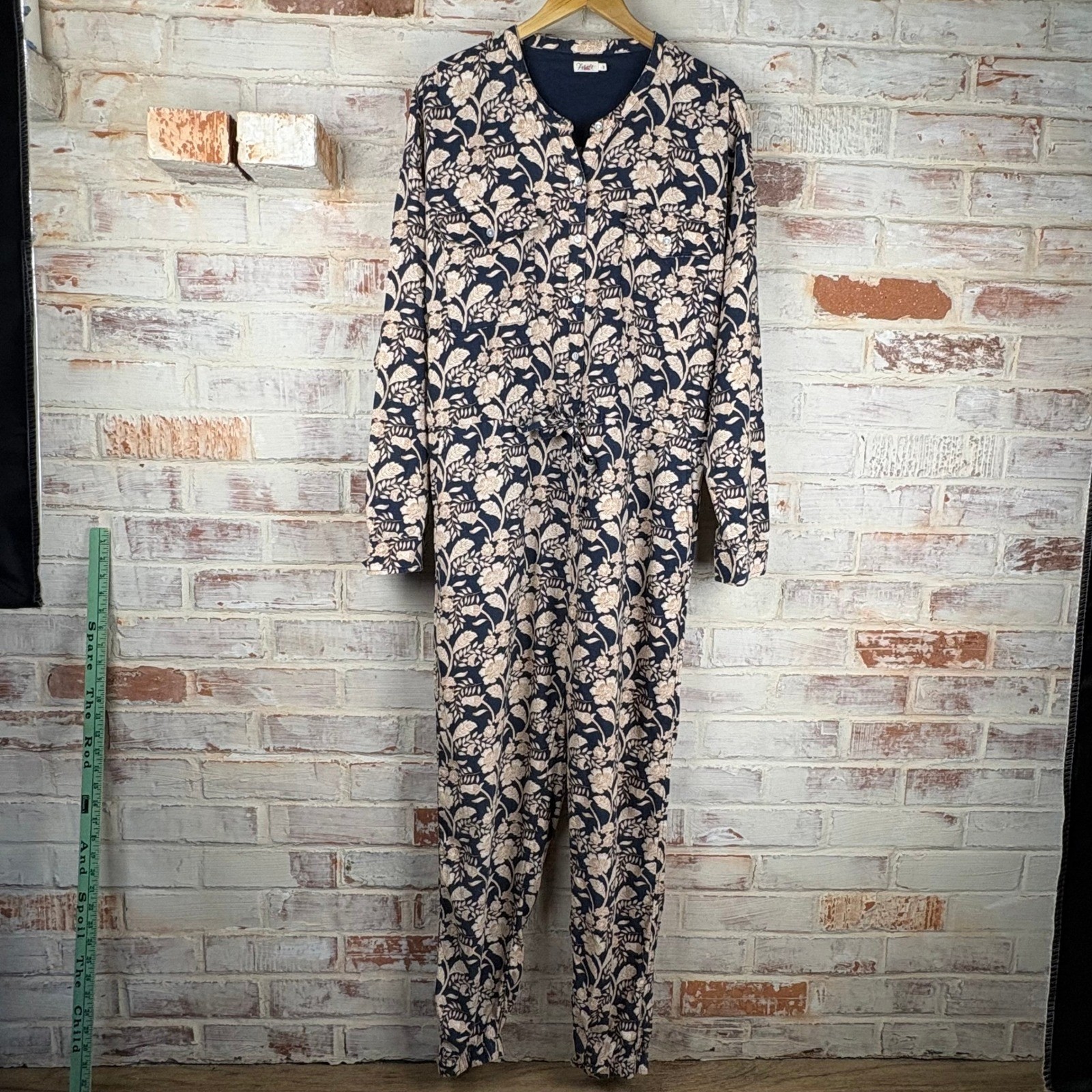 Faherty Savoie Linen Jumpsuit Navy Floral Long Sleeve Boho Coastal Resort Size L