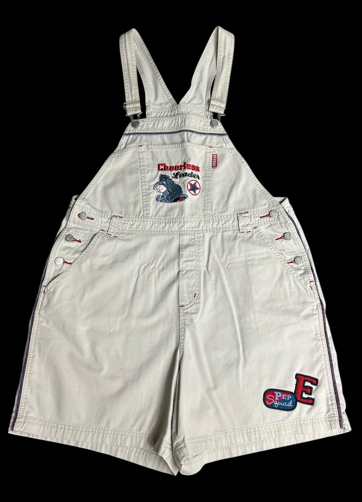 Disney Plus Denim Bib Overalls Shorts Womens 14W/16W Eeyore Cheerless Leader VTG