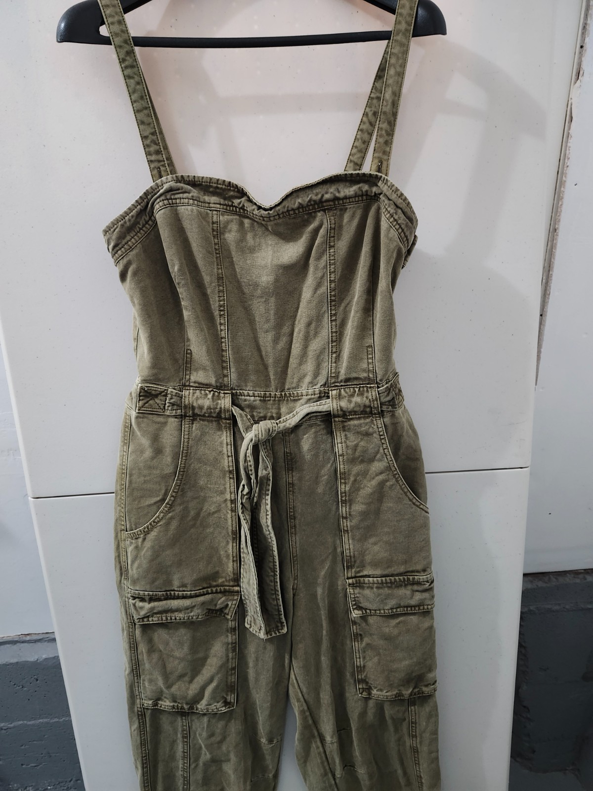 Free People Jumpsuit Womens L Olive Go West Utility Strap Canvas Straight Cargo