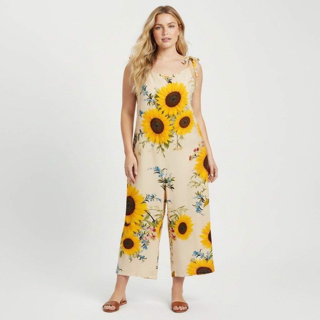 AMAZON Size 2XL Sunflower Cropped Leg Jumpsuit Square Neck Tie Strap Beach Boho