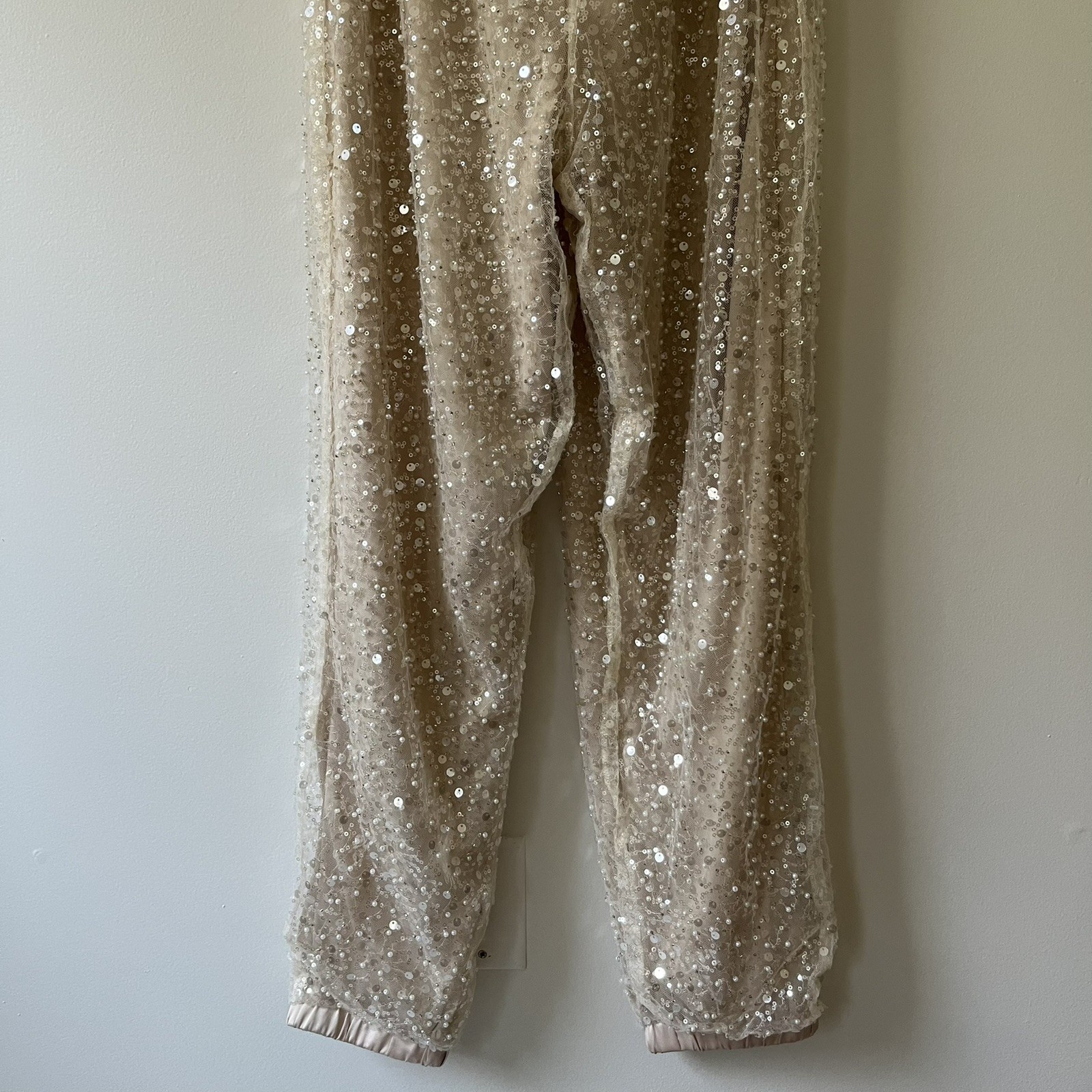 MABLE Sequin Beaded Jumpsuit Large Champagne Low Back Cowl Neck Bridal Wedding
