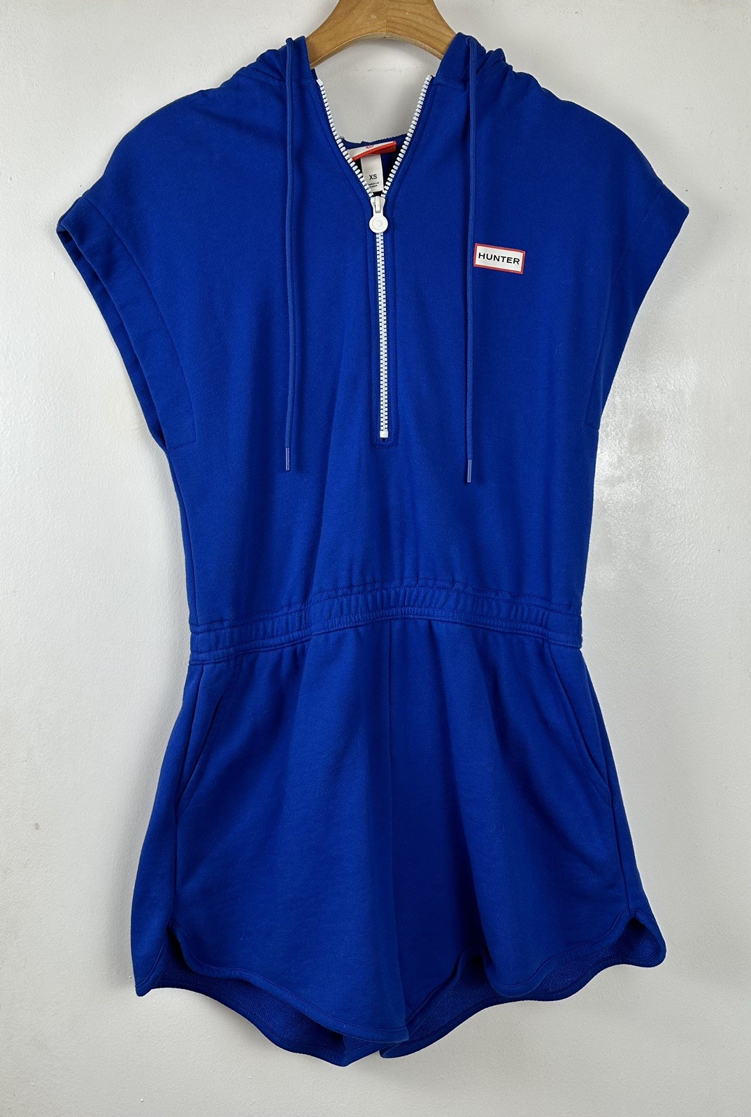Hunter Target Blue Hooded Romper XS Zip Front Pockets Shorts Athleisure Women