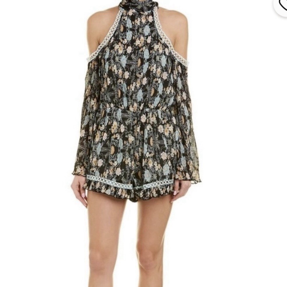 Foxiedox Black Floral Cold Shoulder Halter Romper Women’s Festival Boho SZ M