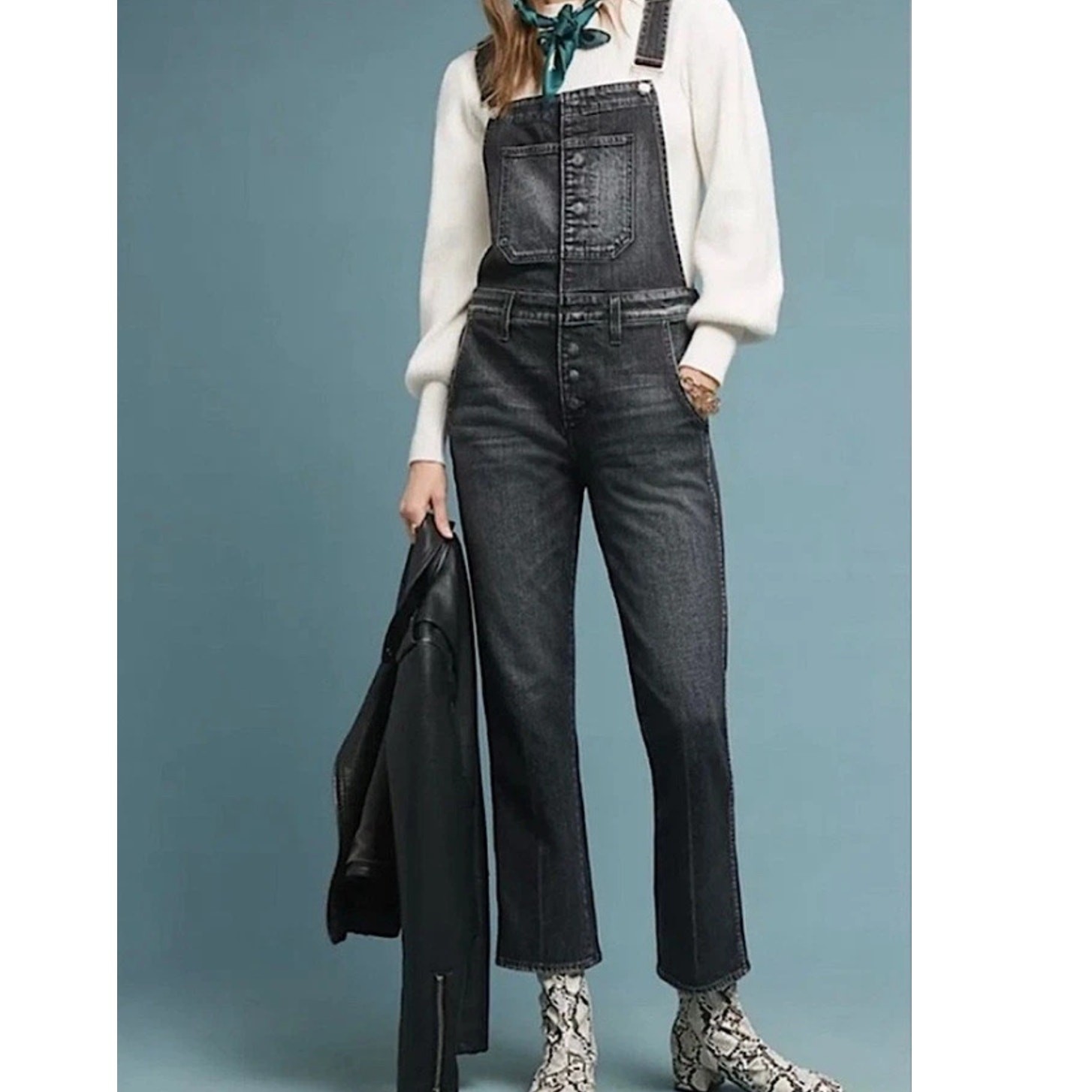 AMO Bella Overalls Womens L Button Front Denim Bib Raven Washed Black Jumpsuit