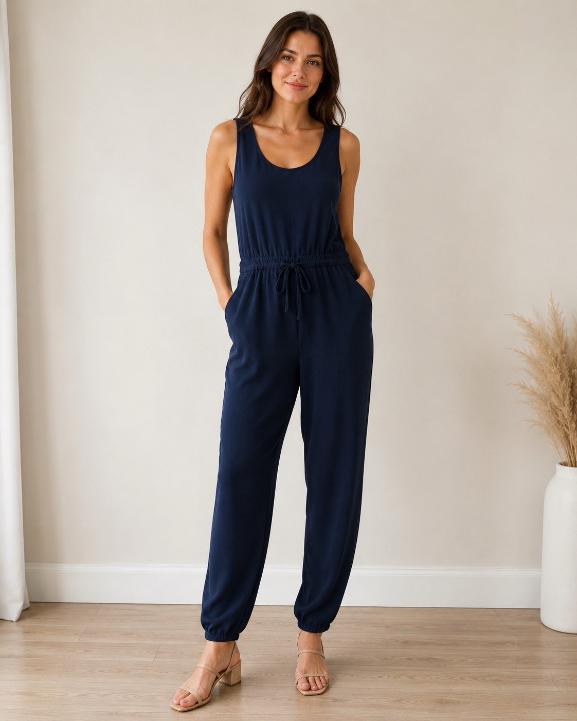 CAbi 303 Blue Solid Woven Polyester Jumpsuit Scoop Neck Size M