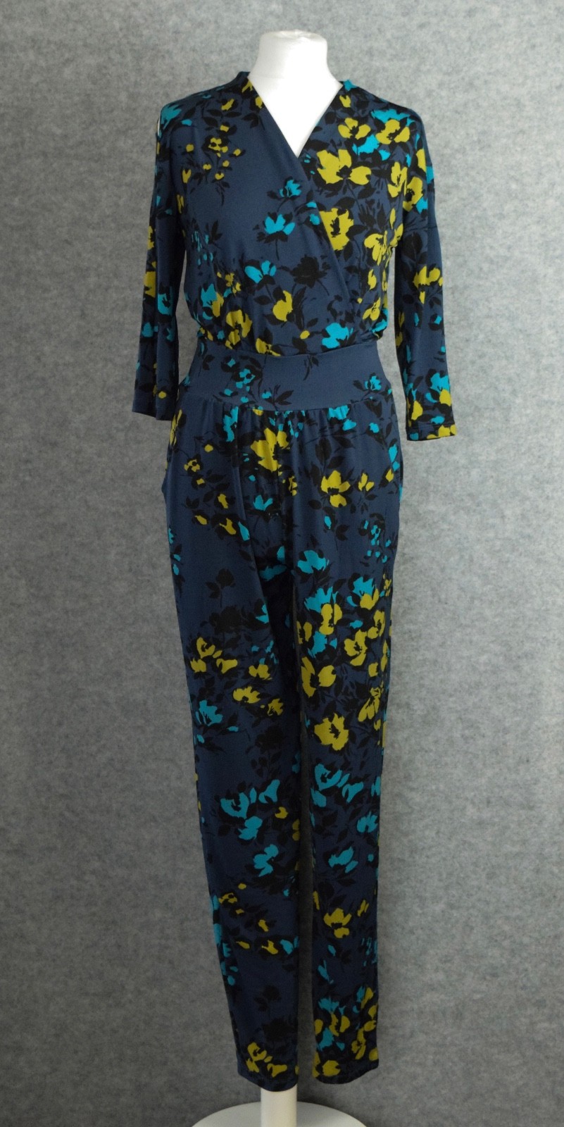 Kim & Co Wrap Front Cold Shoulder Regular Jumpsuit Teal Floral Size XS