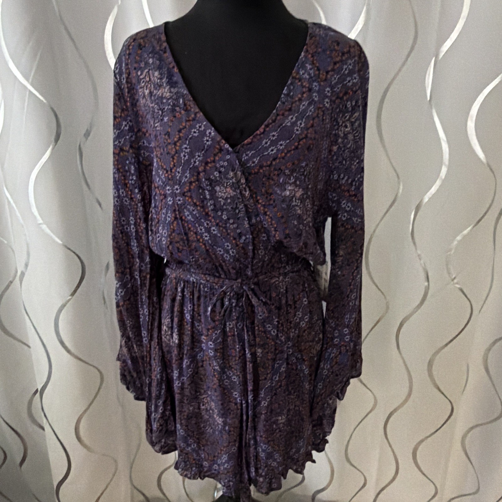 Wild Moss Purple Paisley Romper V-Neck Bell Long Sleeve Tie Waist Ruffle XL