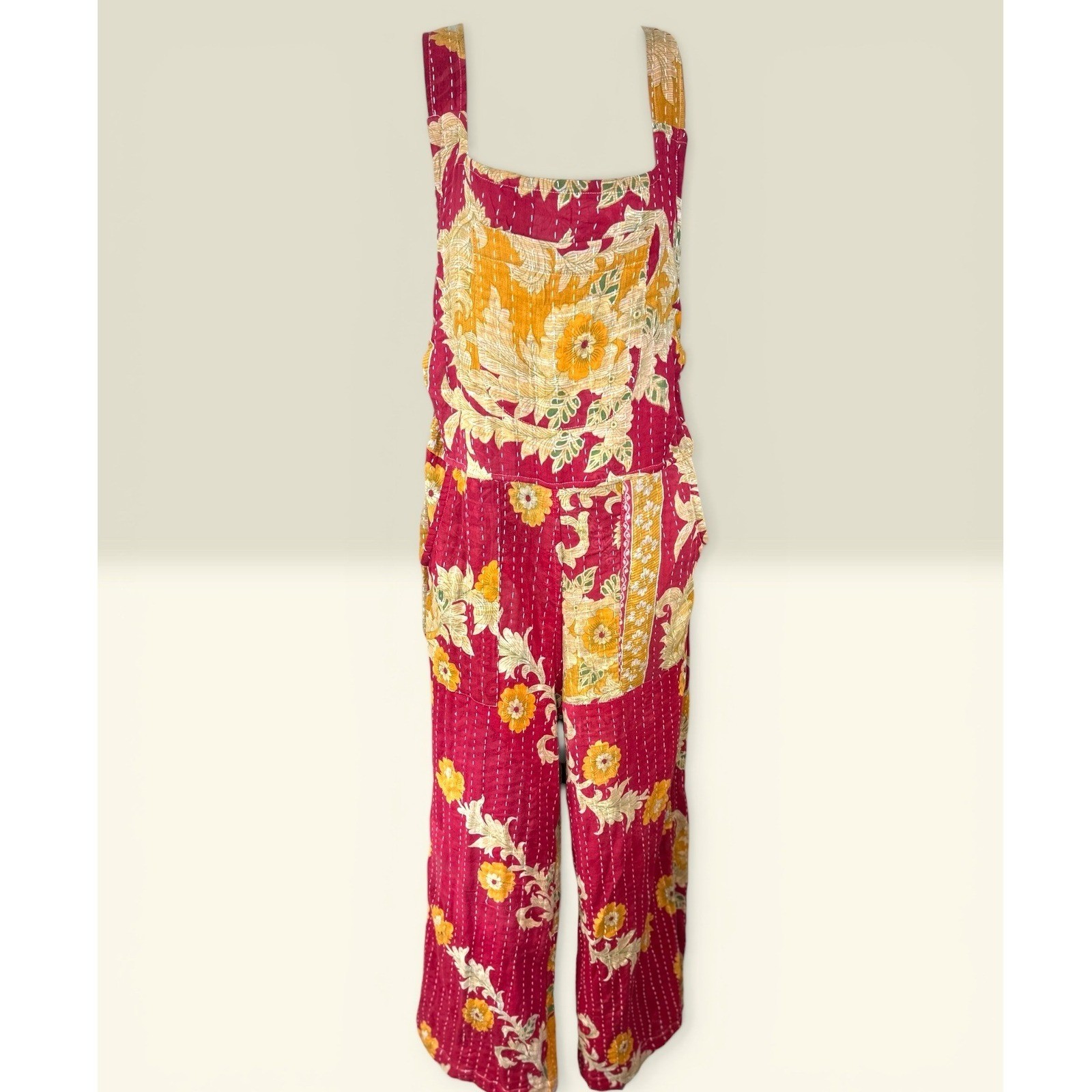 Kantha Karma NWOT Quilted Overalls Size L-XL Gold Floral Patchwork Handcrafted