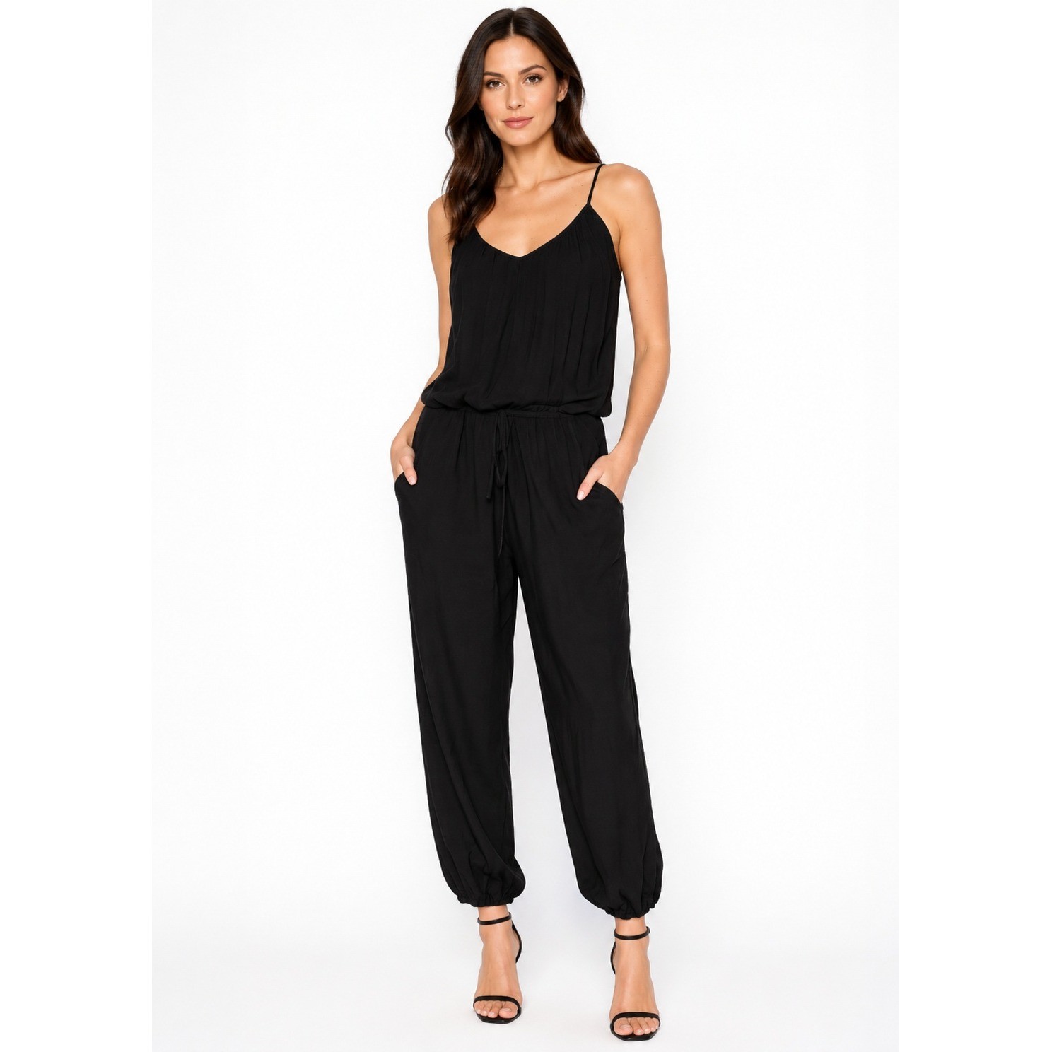 TYSA Claudette Black Rayon Spaghetti Strap Drawstring Waist Jumpsuit Size 0 USA