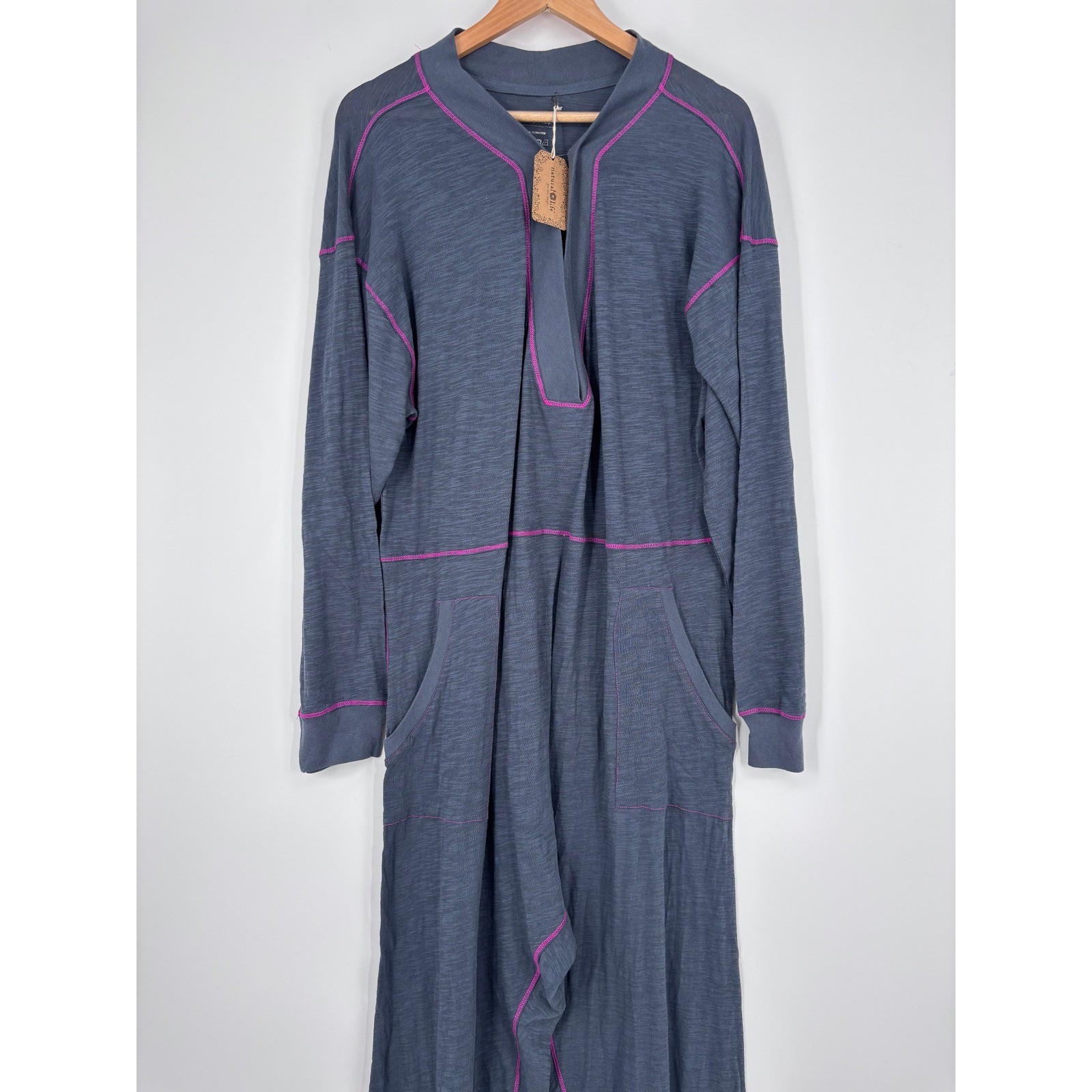 Natural Life Jumpsuit Womens Medium Gray Pink Stitch Slouchy Loungewear Boho