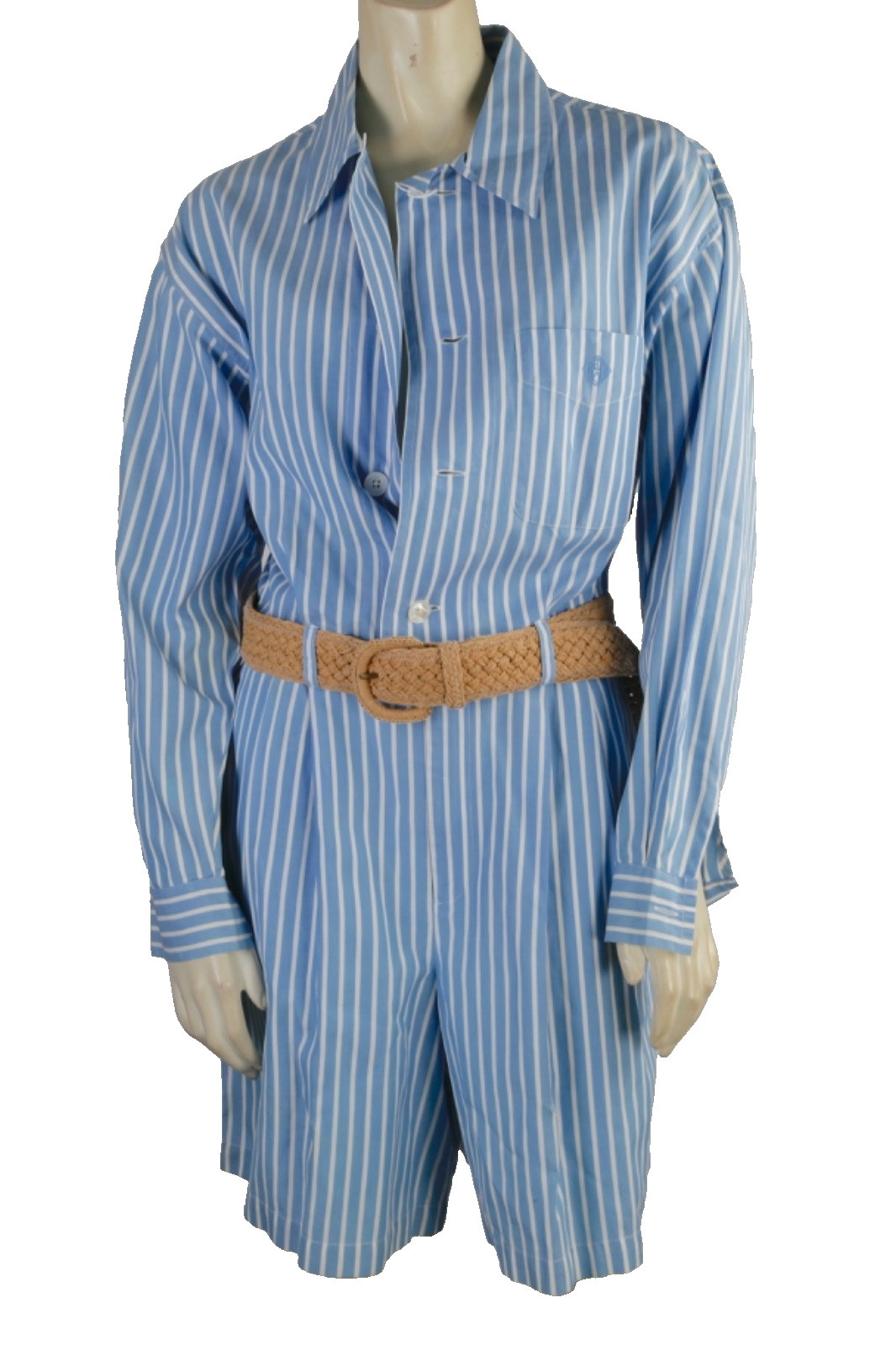 Vintage Ralph Lauren Romper 10 Blue White Striped Cotton Long Sleeve Shorts Jump