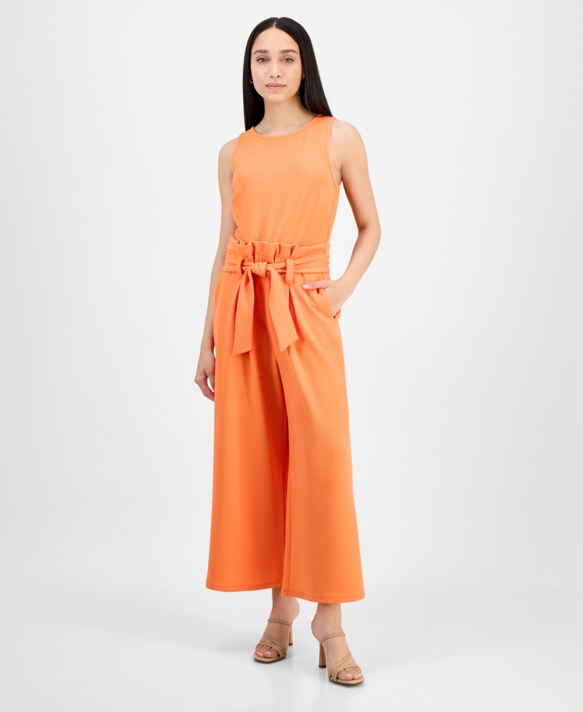 Bar III Petite Women’s Sleeveless Crewneck Tie-Waist Jumpsuit Orange Size PM $60