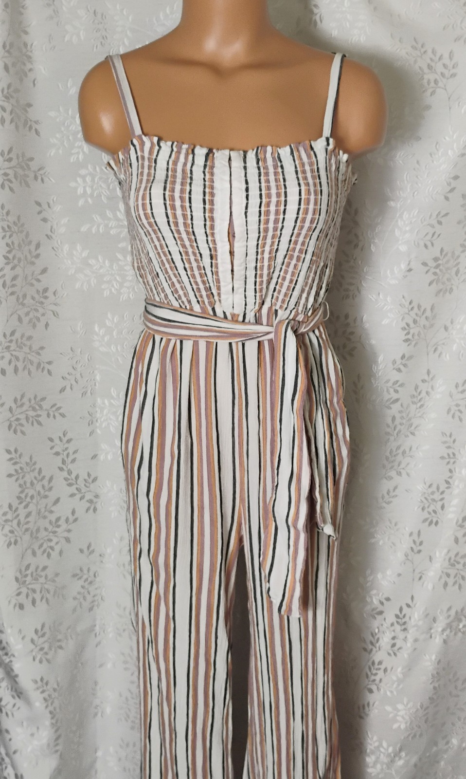 AEROPOSTALE Smocked Bodice Jumpsuit M Stretch Striped Summer Adjustable Straps