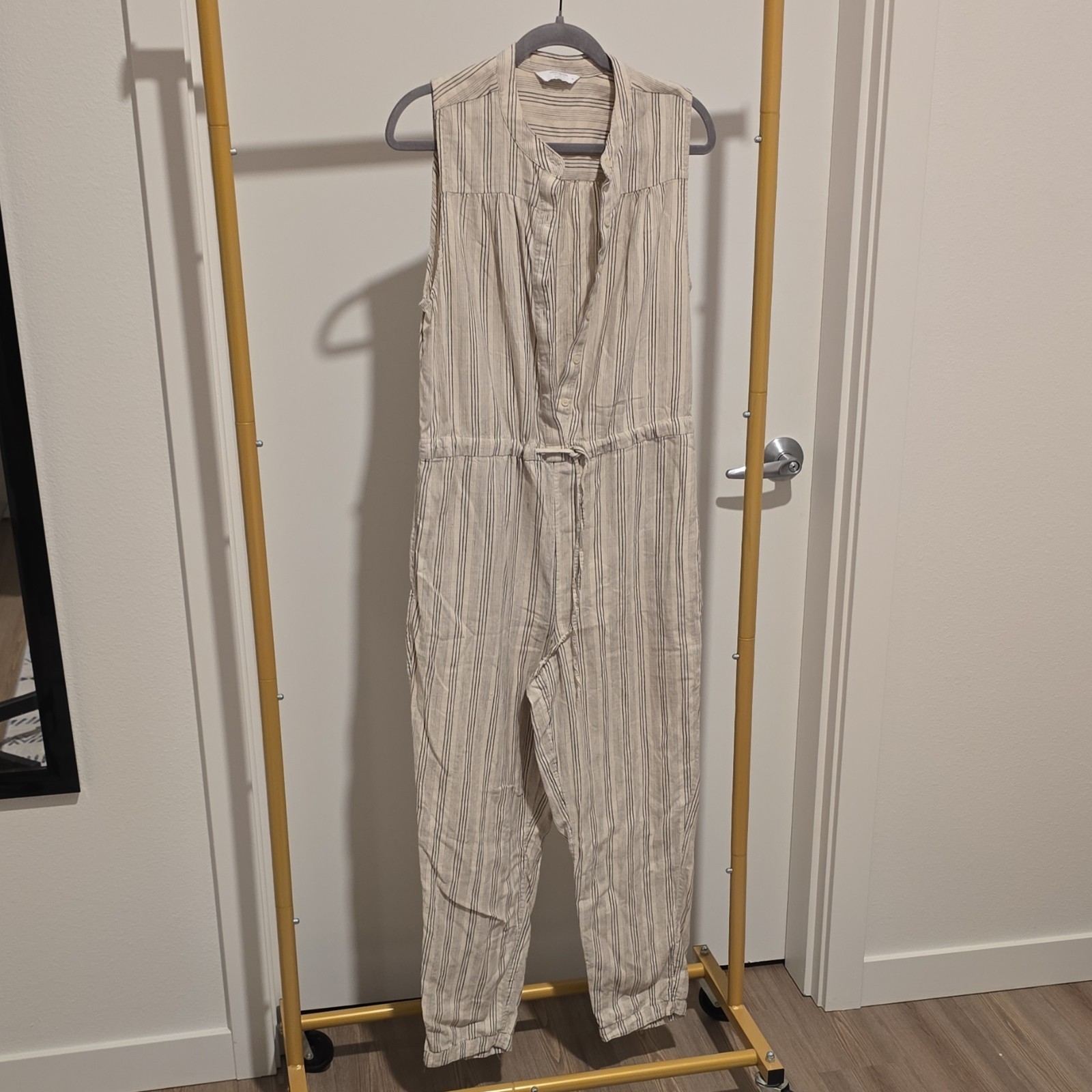 Lucky Brand Beige Black Striped Sleeveless Button Jumpsuit Collared M