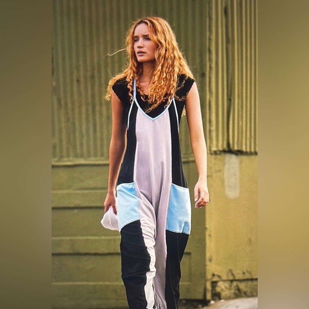Free People Hot Shot – Colorblock Jumpsuit size L Unique Raindrop