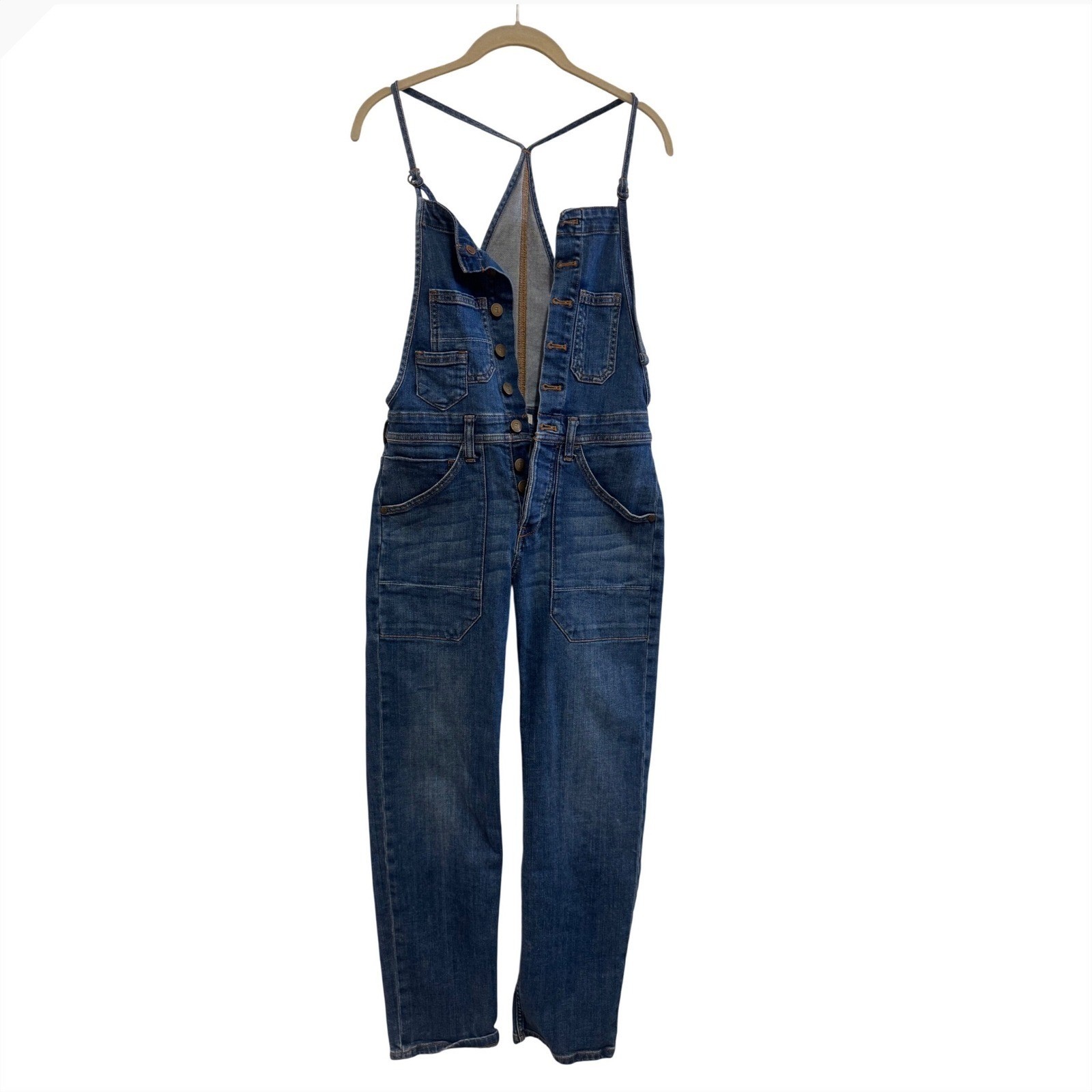 Denim Overalls Button Bib Racerback Straps Slim Leg Anthropologie Pilcro 27