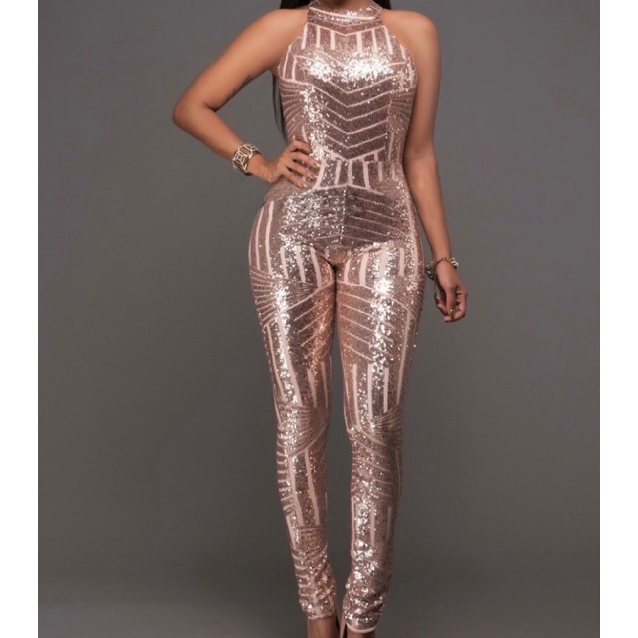 Hot Miami Styles Rose Gold Sequin Halter Geometric Jumpsuit LJS88767 Medium