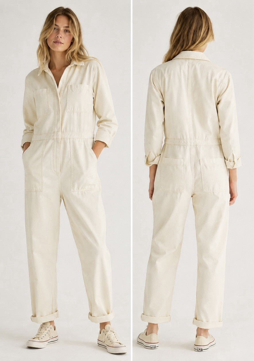 Billabong 100% Cotton Utility Coverall Jumpsuit Cream Ivory Long Sleeve Size M