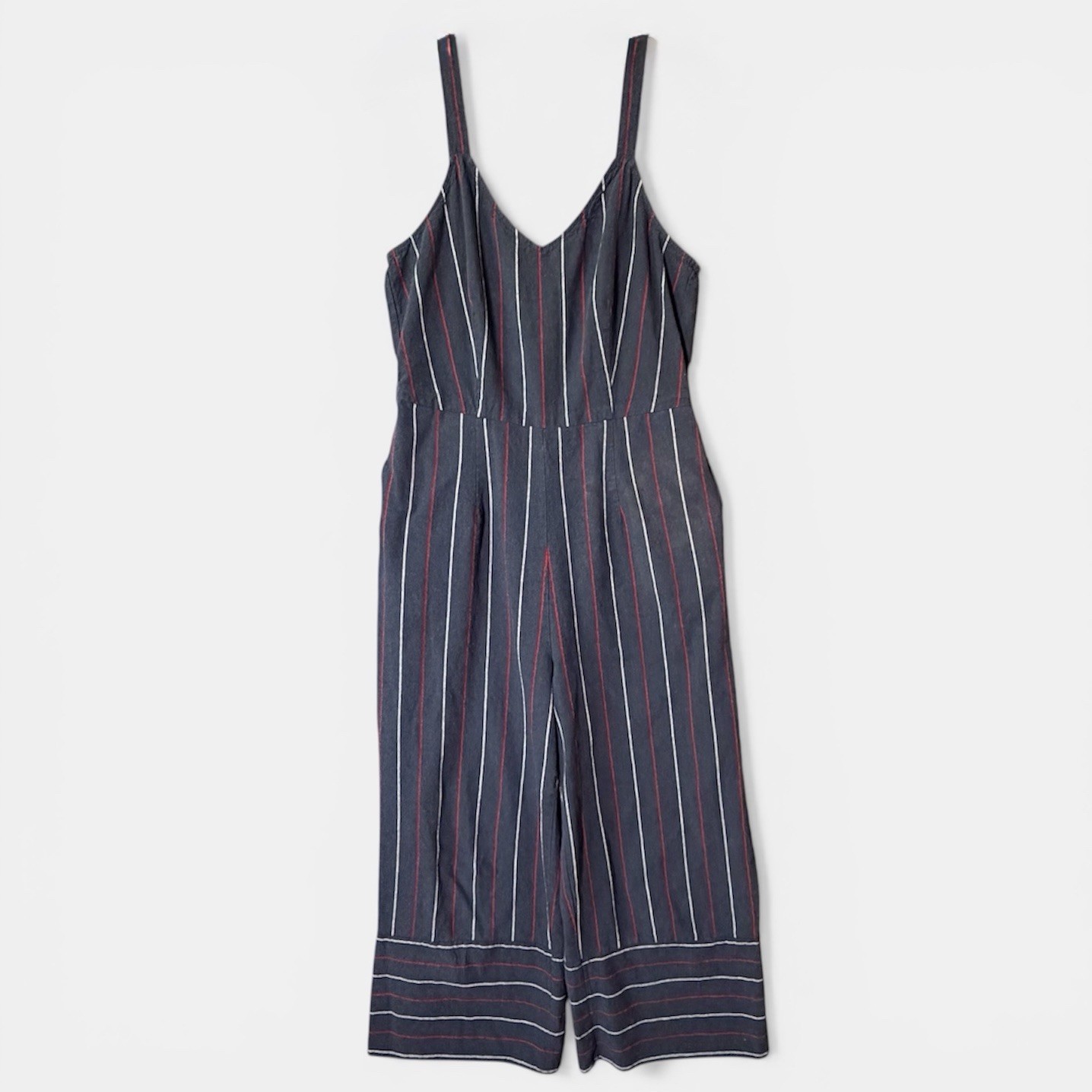 Jumpsuit Women M Navy 100% Cotton Pockets Culotts Wide Leg Stripe Resort Romper