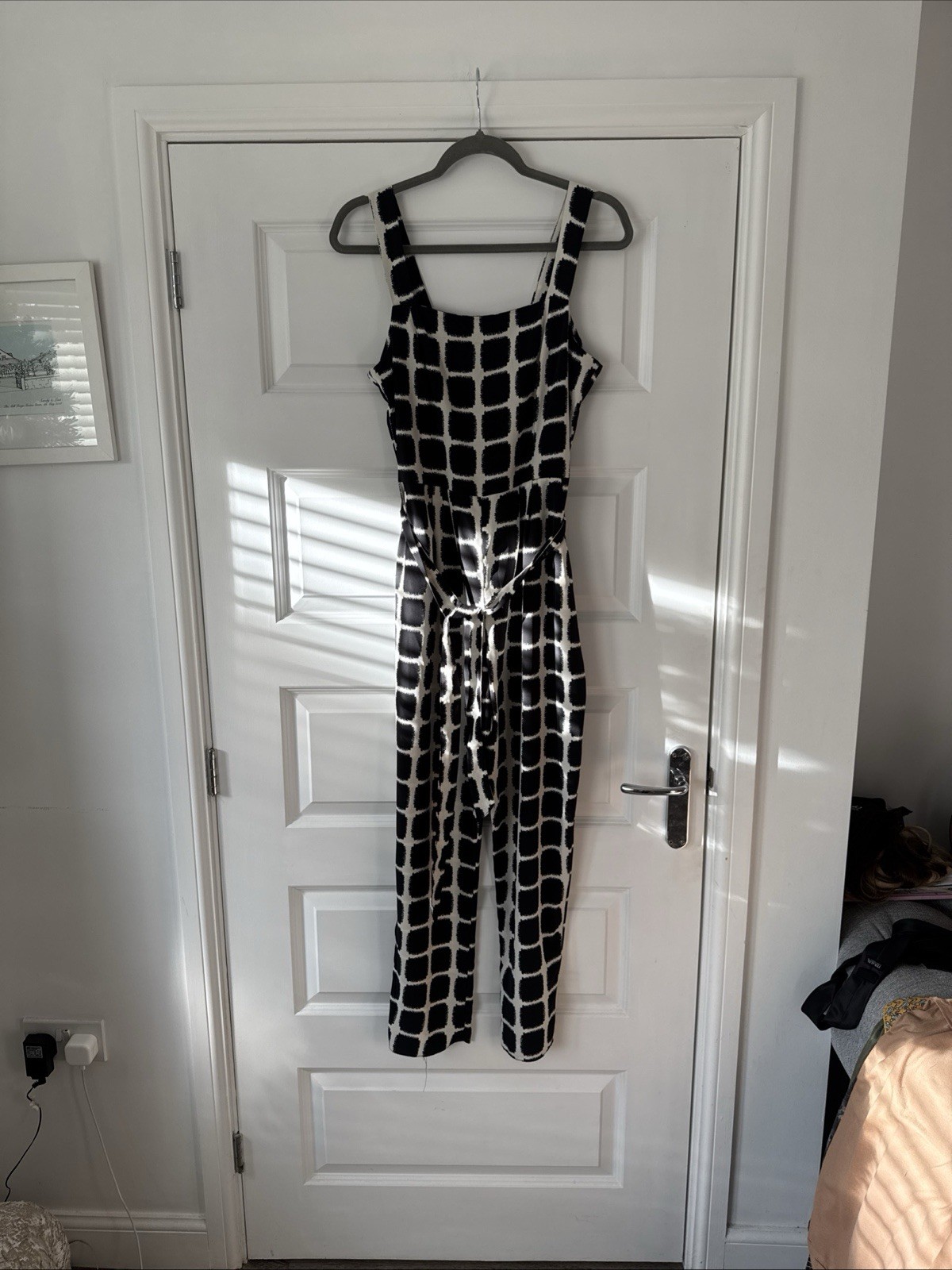 M&Co Black & Ivory Monochrome Square Neck Jumpsuit Waist Belt Size Uk 10 VGC