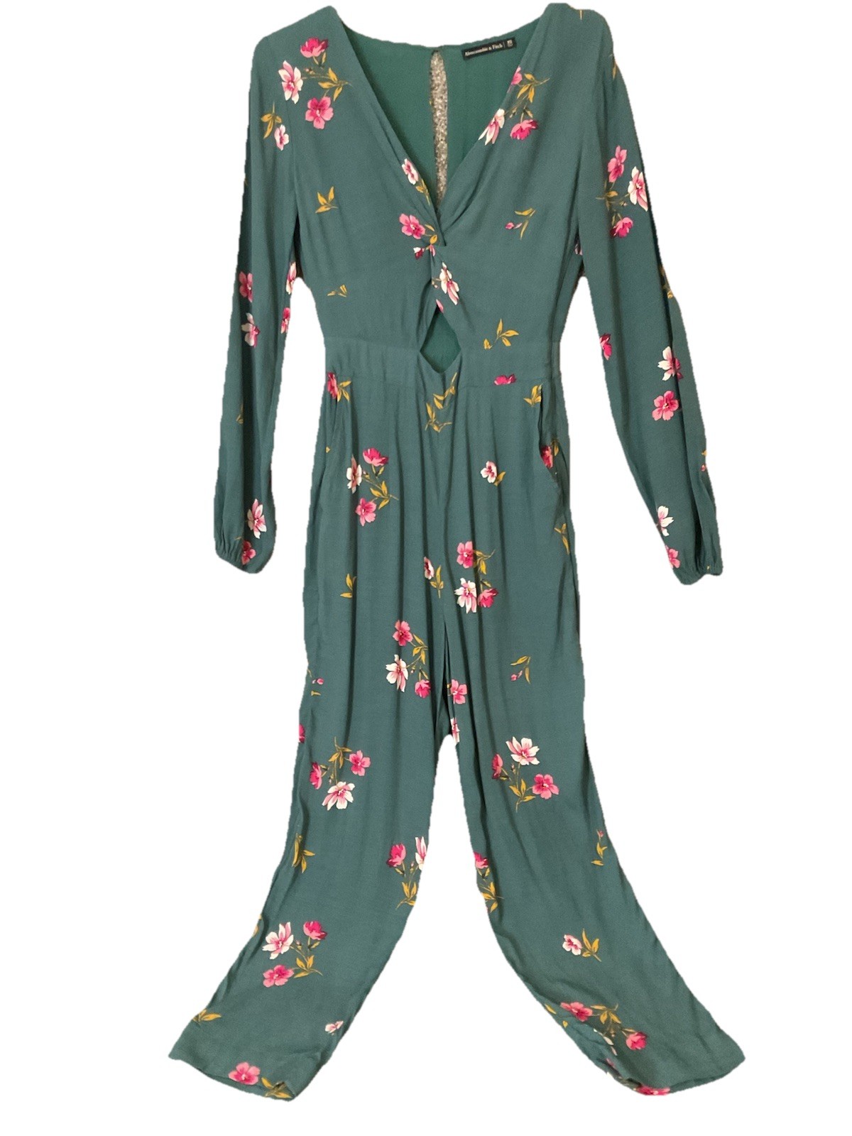 Abercrombie & Fitch green floral long sleeve jumpsuit Boho Whimsy Fairy SZ XS