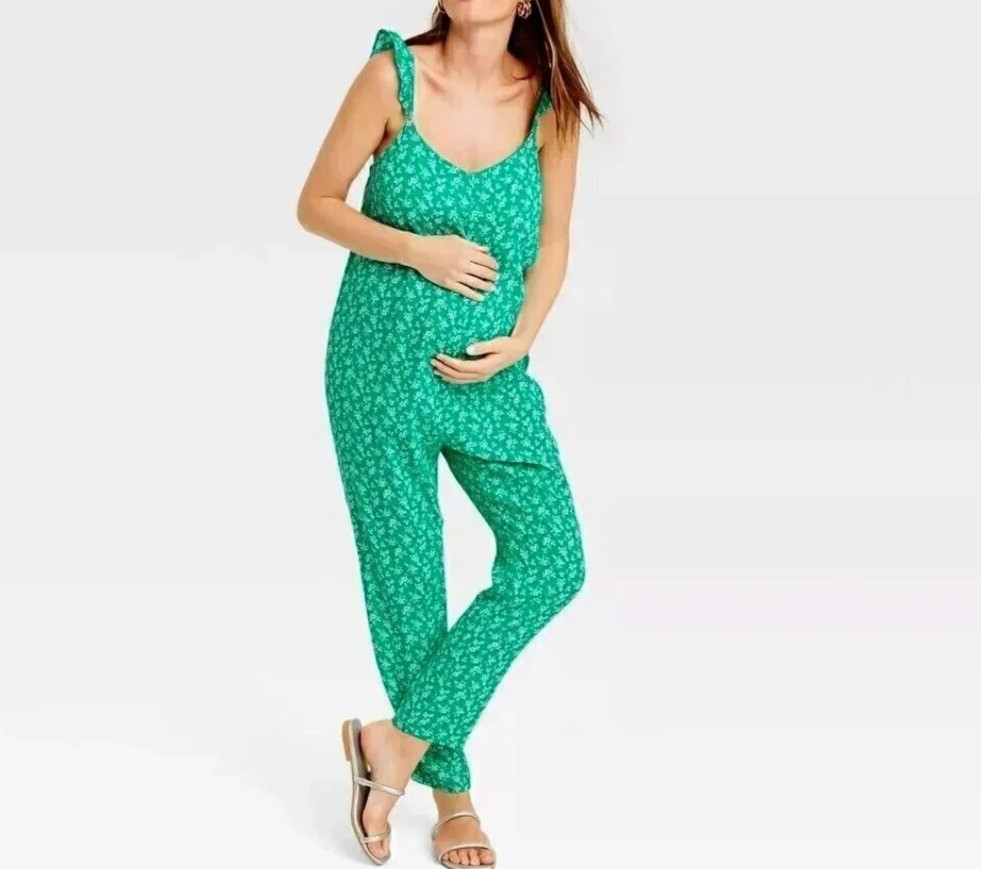 The Nines by HATCH Target Maternity Green Floral Ruffle Strap Rayon Jumpsuit L