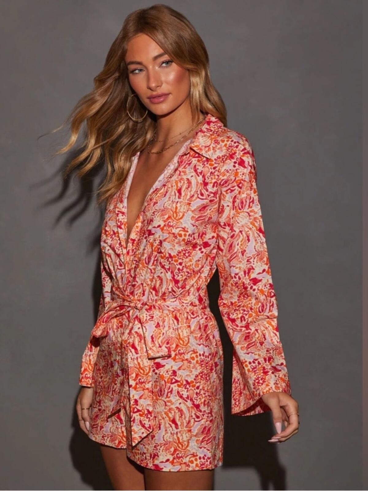 NWT VICI Orange and Pink Belted Romper with Long Bell Flare Sleeve Size Large