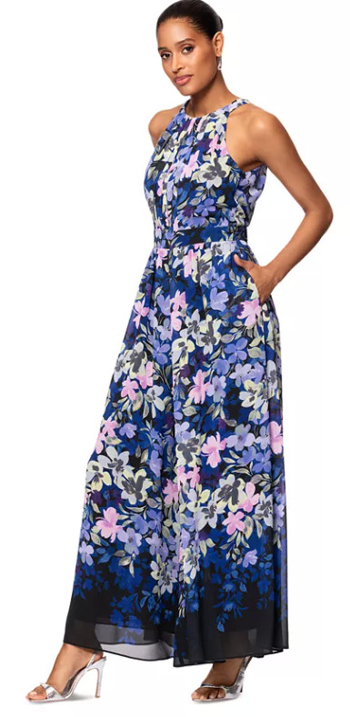 BETSY & ADAM Jumpsuit Gown Sz 16 Blue Floral Wide Leg Halter Fit & Flare JAN968