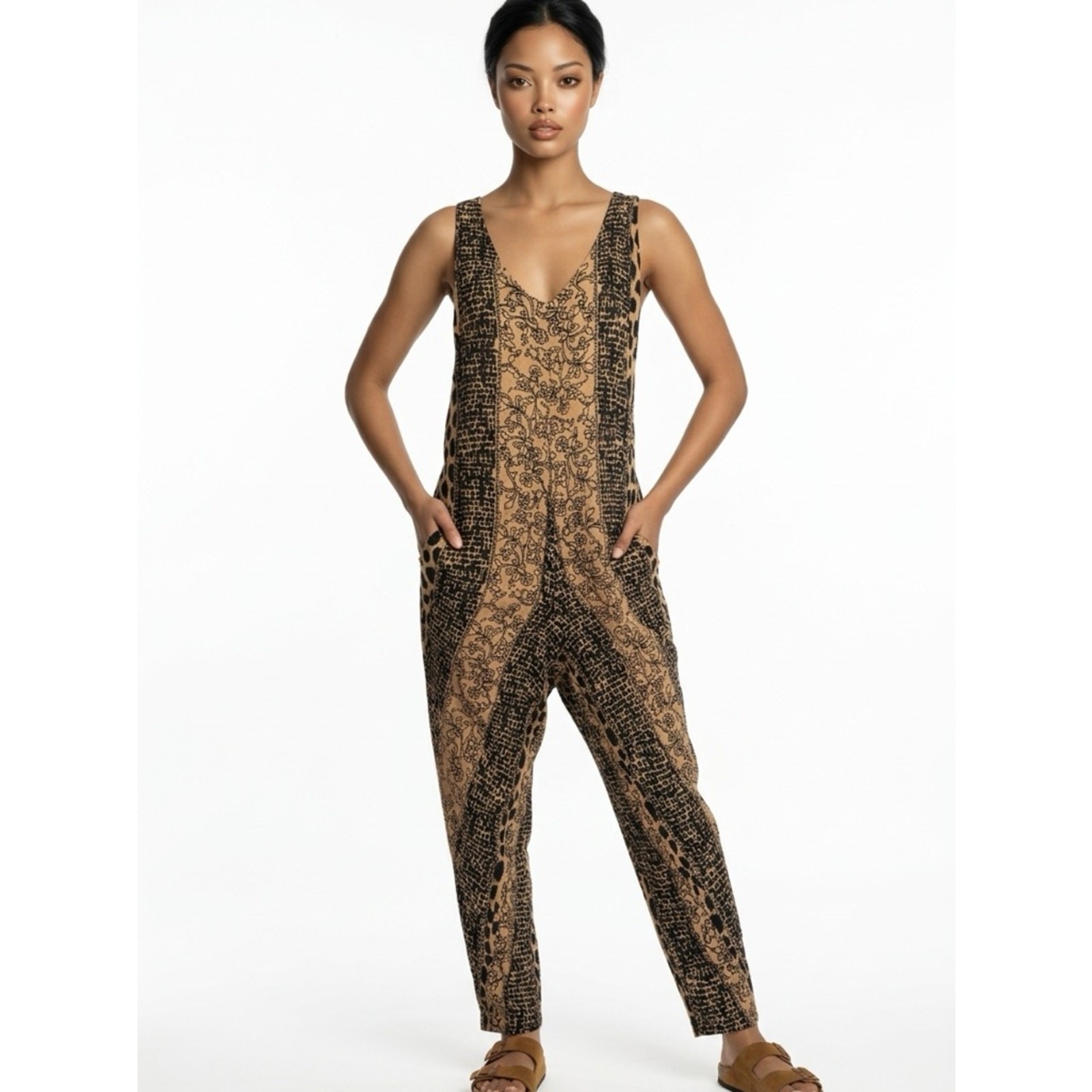 Zury Floral Leopard Print Women’s O/S V-Neck Boho Sleeveless Lagenlook Jumpsuit