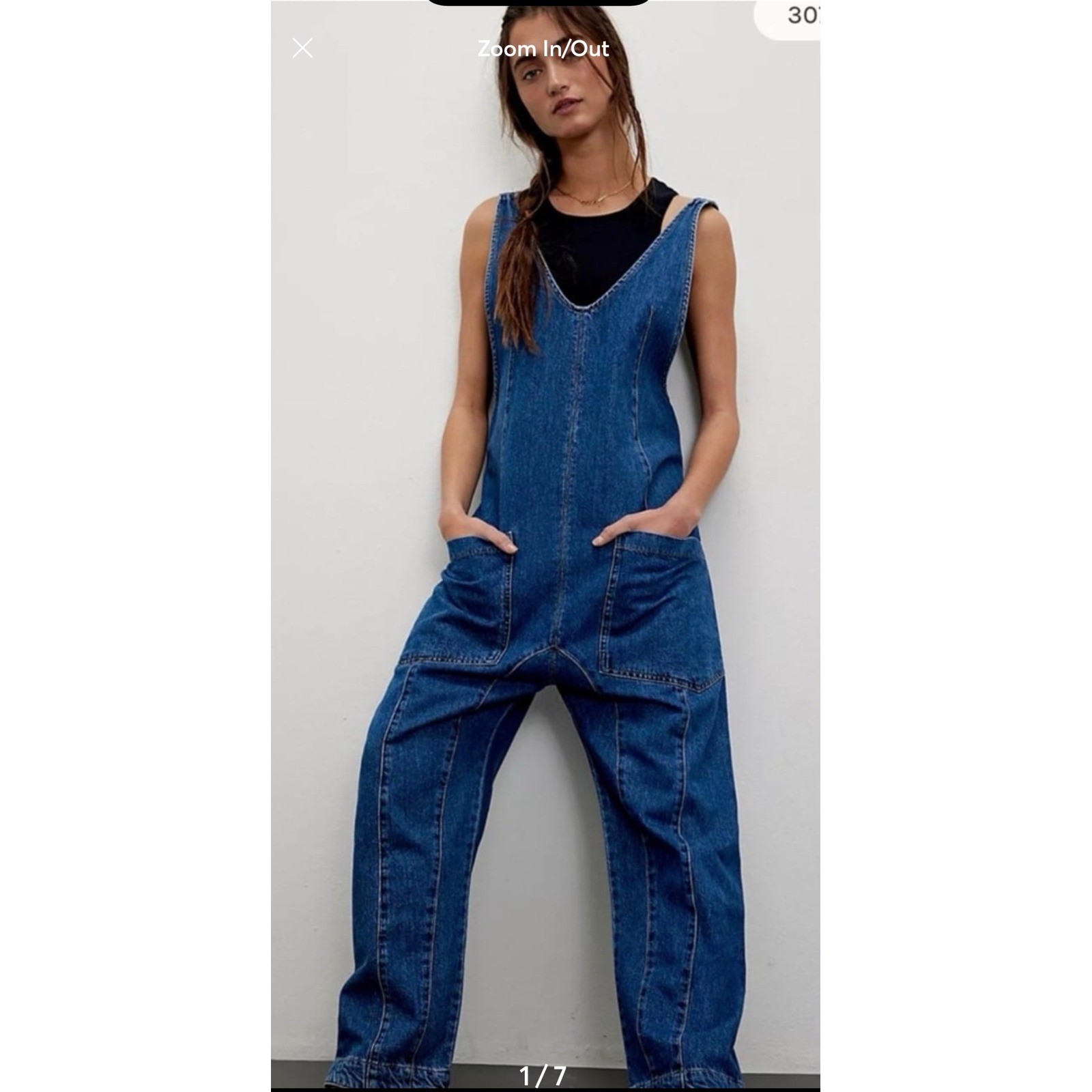 Free People High Roller Denim Overalls Large Blue Boho Slouchy Harem Jumpsuit