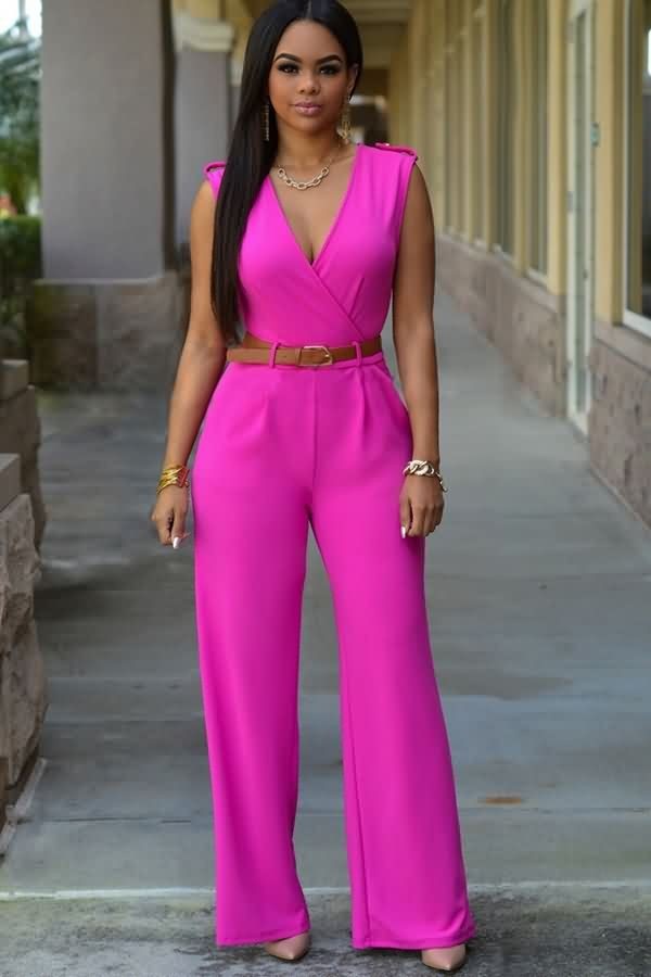 Hot Pink V-Neck Wrap Belt Straight Casual Jumpsuit Size Small