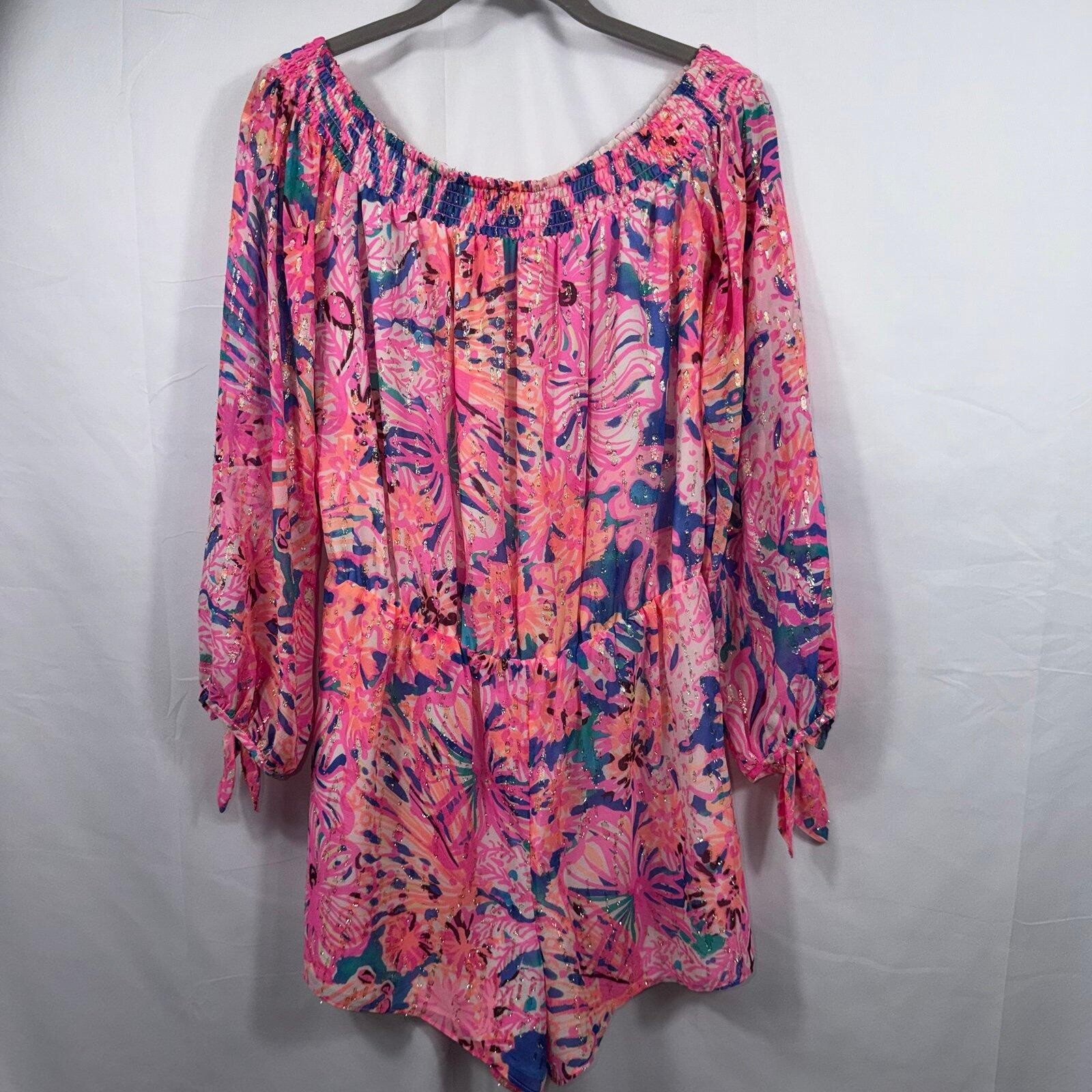 Lilly Pulitzer Pink Silk Blend Off Shoulder Romper Small