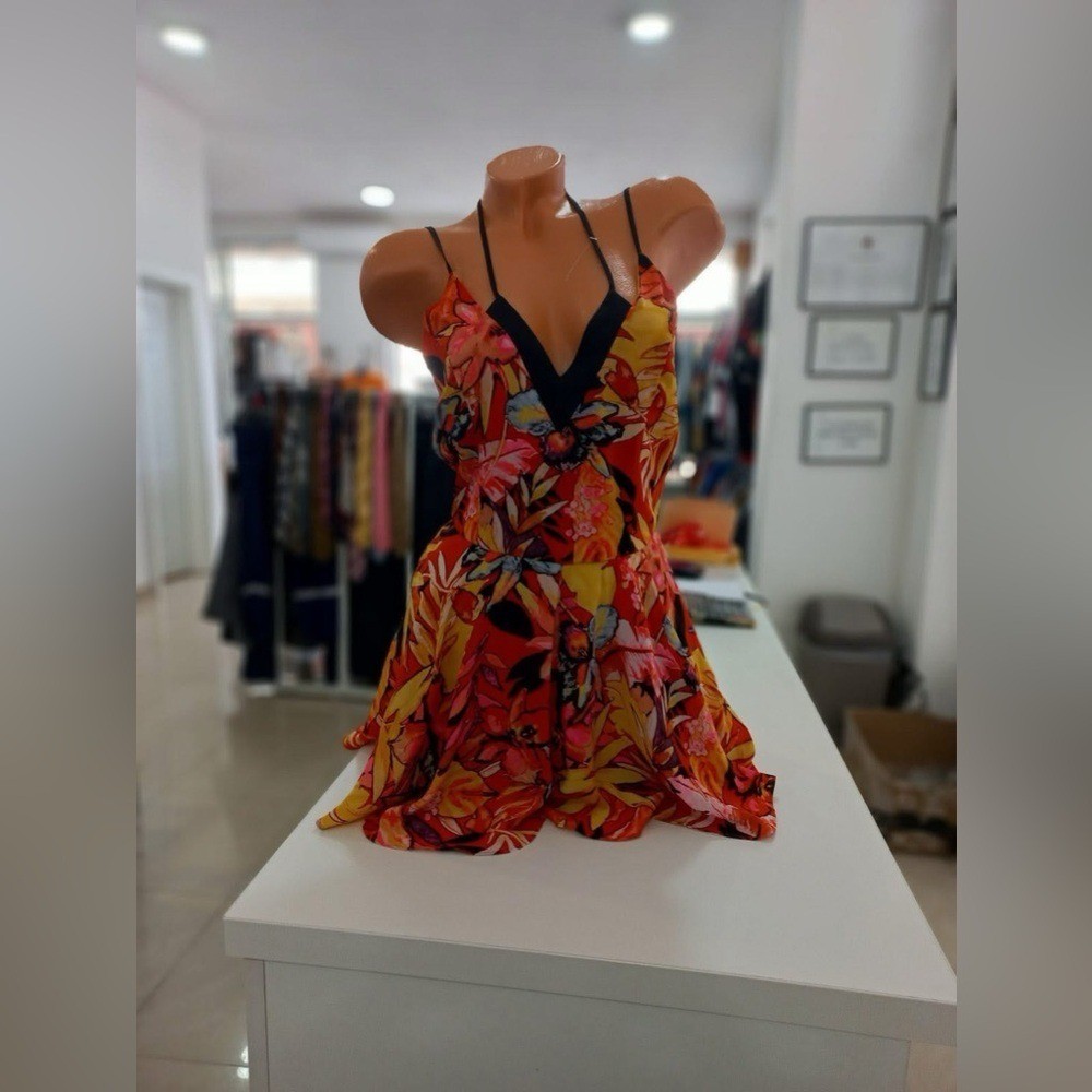 (B2) NWOT Gianni Bini Orange Black Floral Tropical Vacay Cute Romper XS