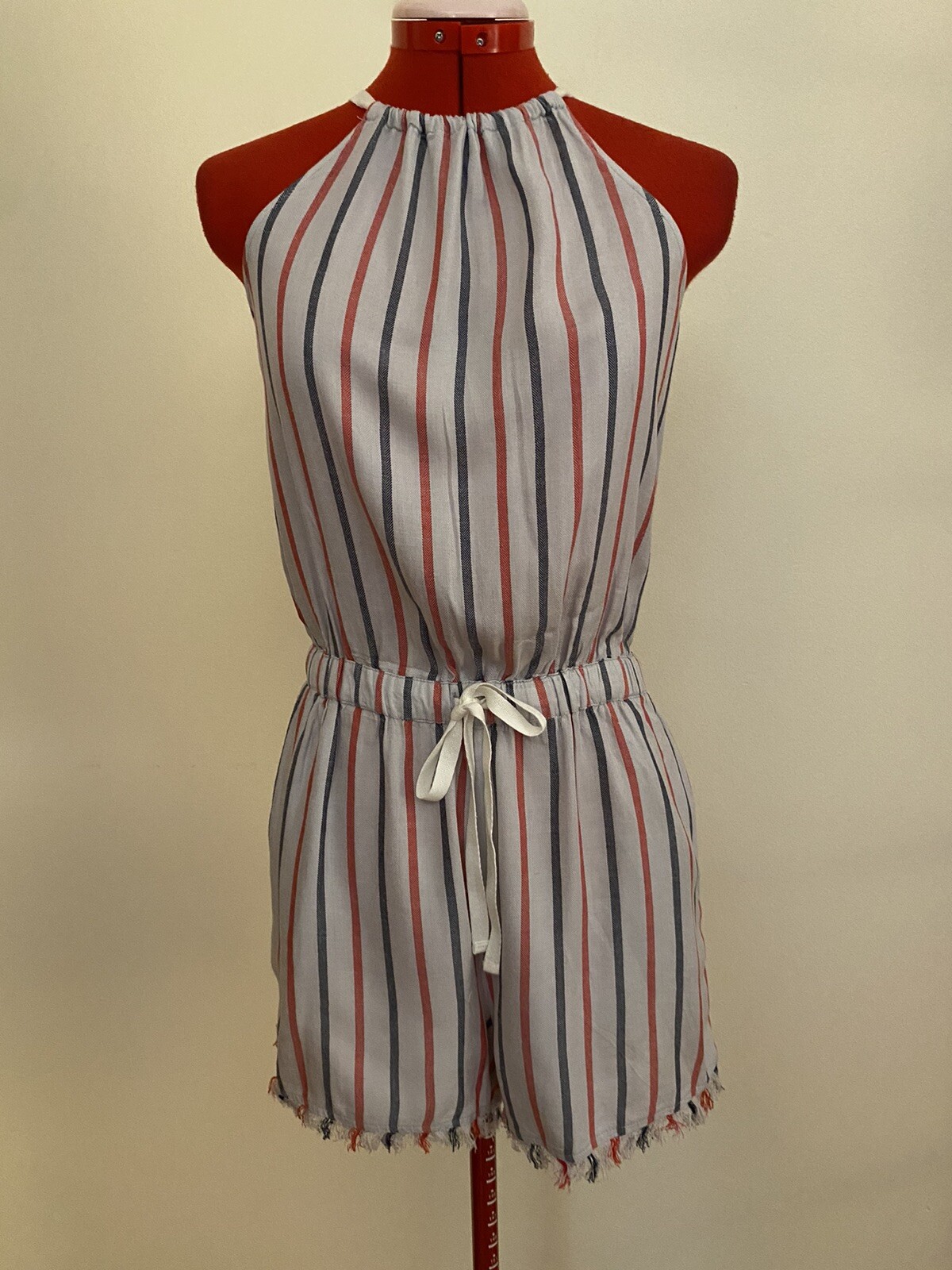 TRUE CRAFT ROMPER~S~PALE BLUE GRAY W/RED BLUE STRIPES~HALTER~FRINGE HEM~POCKETS