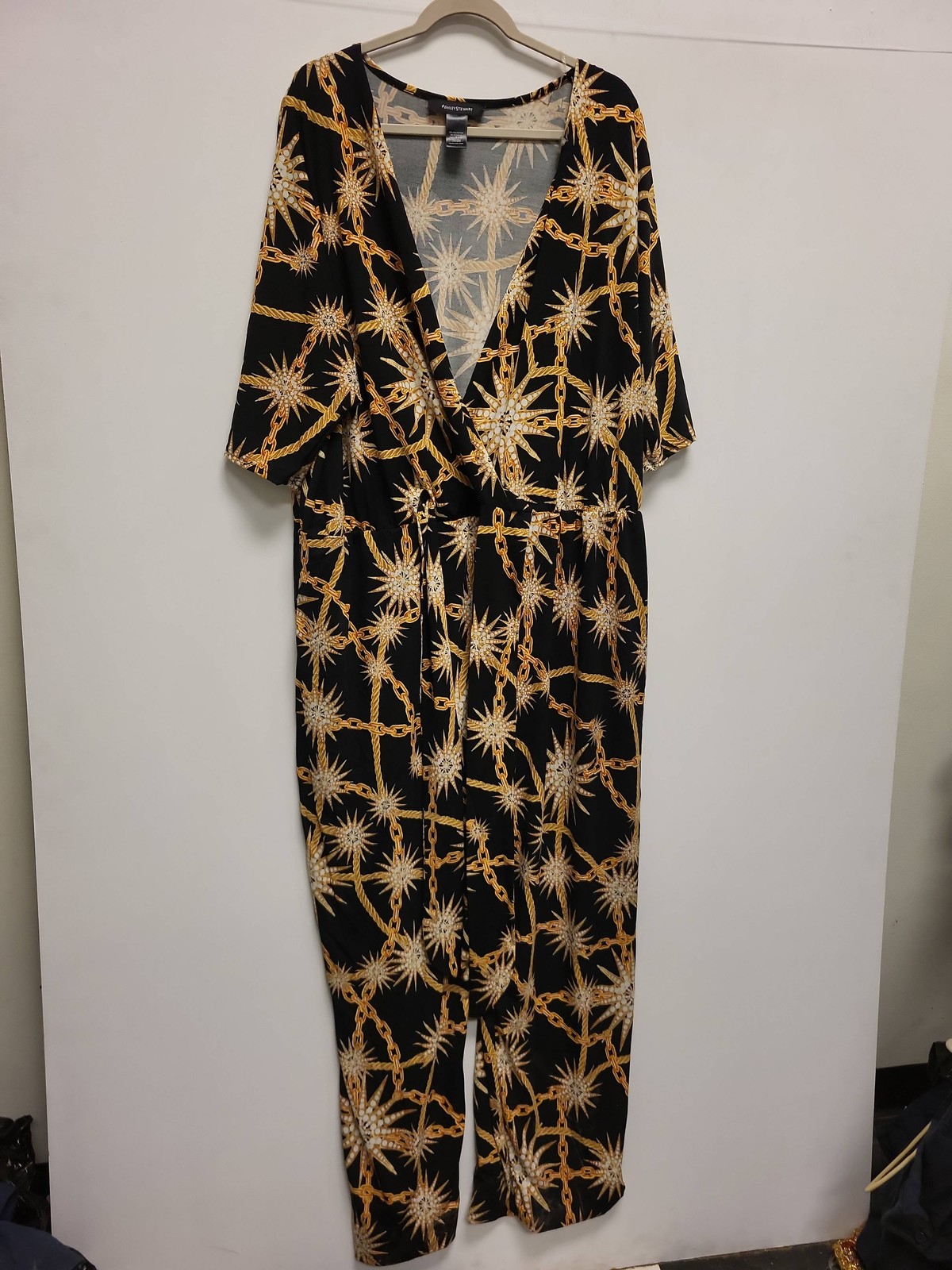Ashley Stewart Plus Size Jumpsuit 26 28 Black Gold Chain Print Women’s Clothing