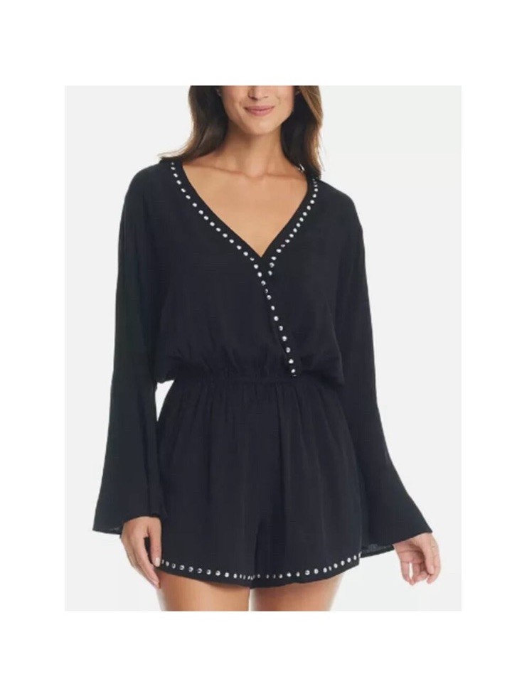 NWT BAR III Black Tell Me About It Stud Swimsuit Cover Up Romper XL Goth Beach