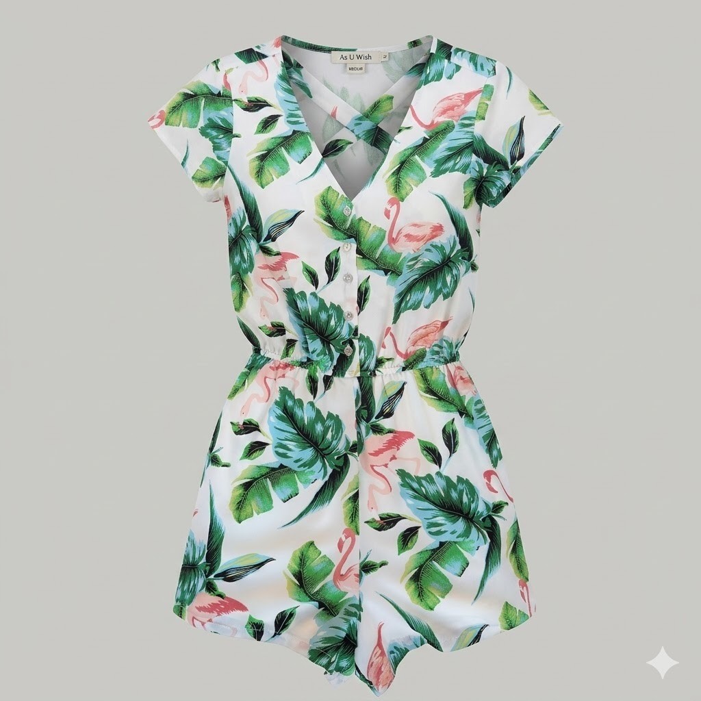 As U Wish Flamingo Tropical Print Romper Medium White Green Pink Button Front