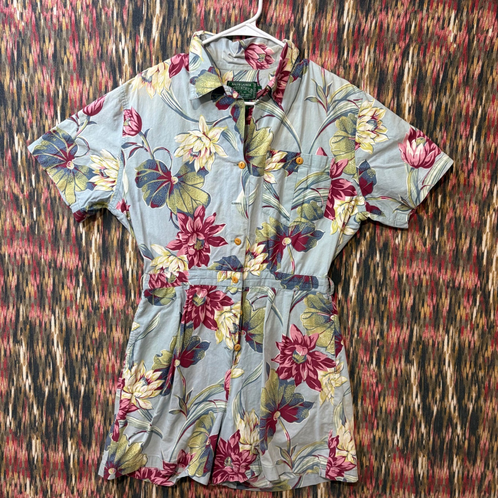 Vintage Ralph Lauren Country Floral Cotton Romper Blue Pink Short Sleeve Size 8