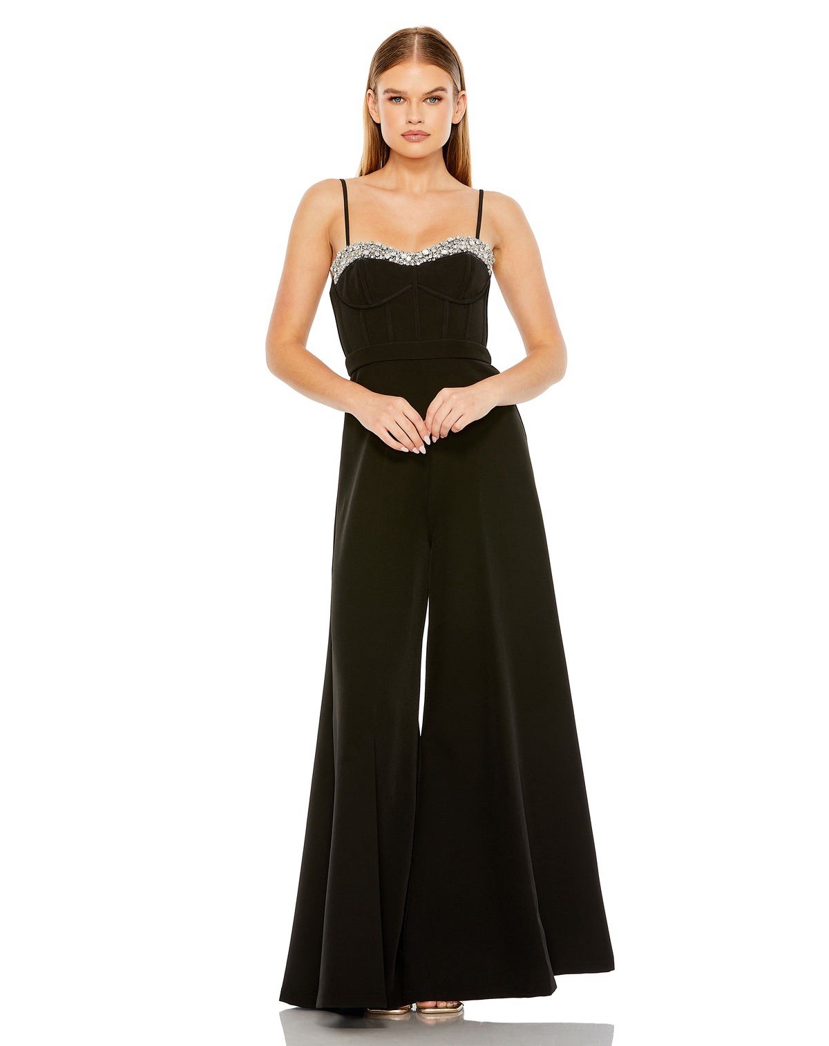 Mac Duggal Size 2 Black 11765 Rhinestone Trim Corset Bodice Wide Leg Jumpsuit