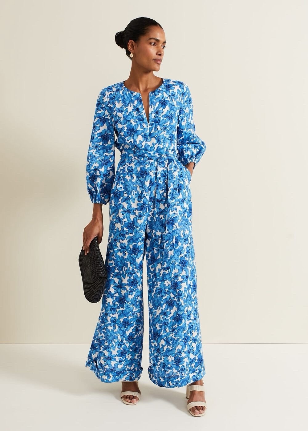 PHASE EIGHT Rosey JUMPSUIT FLORAL Zip BLUE Size UK 8 RRP £129 Linen Blend