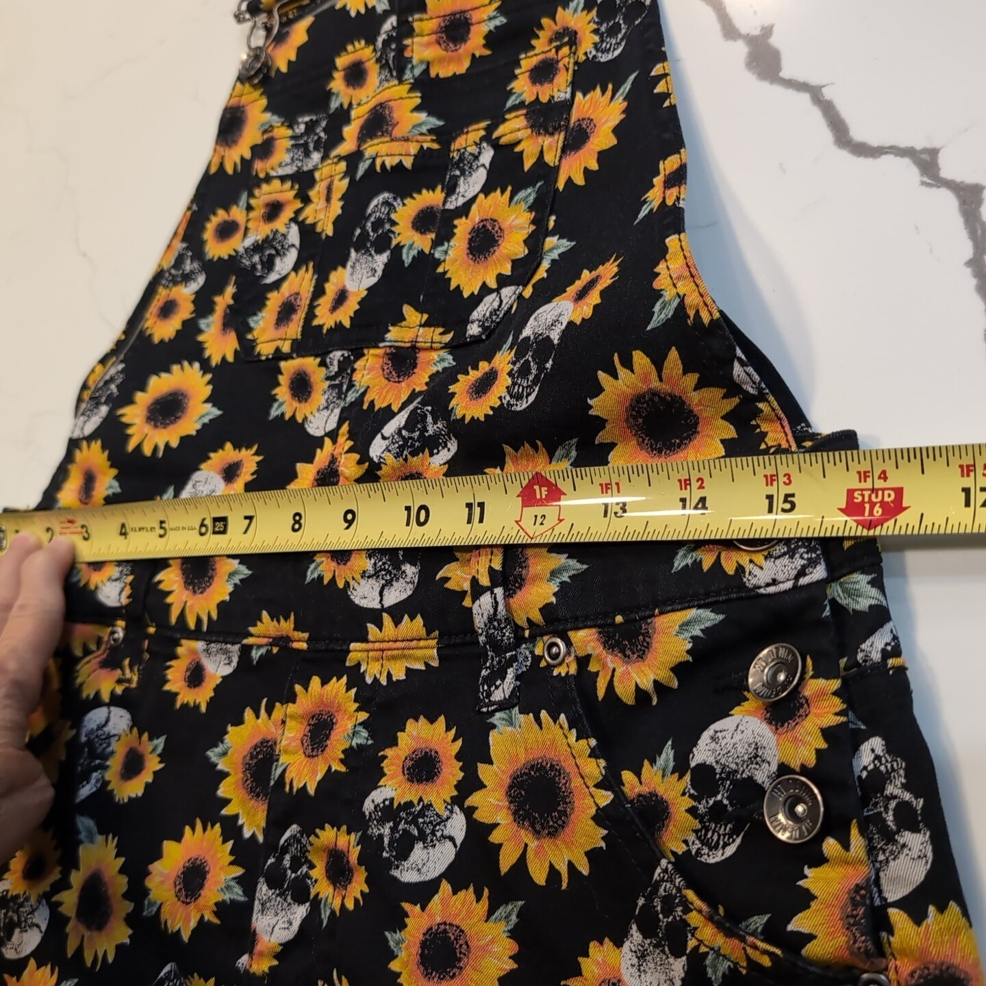 HT Hot Topic Womens Denim Shortall Overalls Small Black Sunflower Skull Print