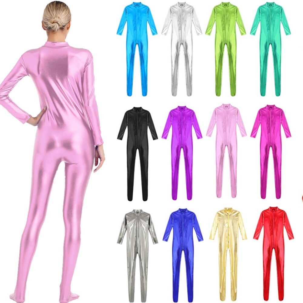 Women’s Catsuit Mock Neck Rompers Shiny Bodysuit Clubwear Leotard Front Zipper