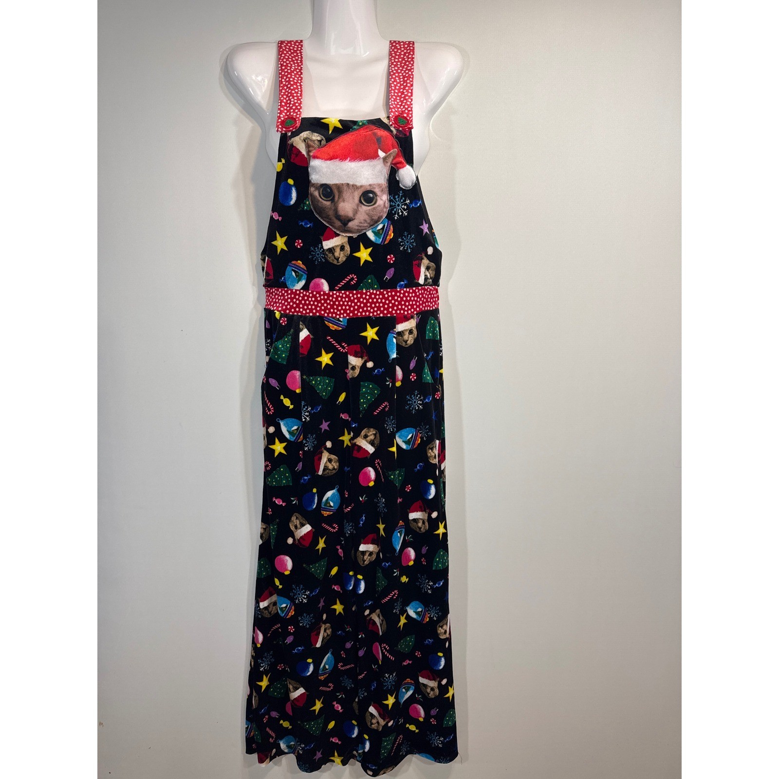 Love On A Hanger Womens Black Santa Cat Christmas Print Jumpsuit Overalls XS
